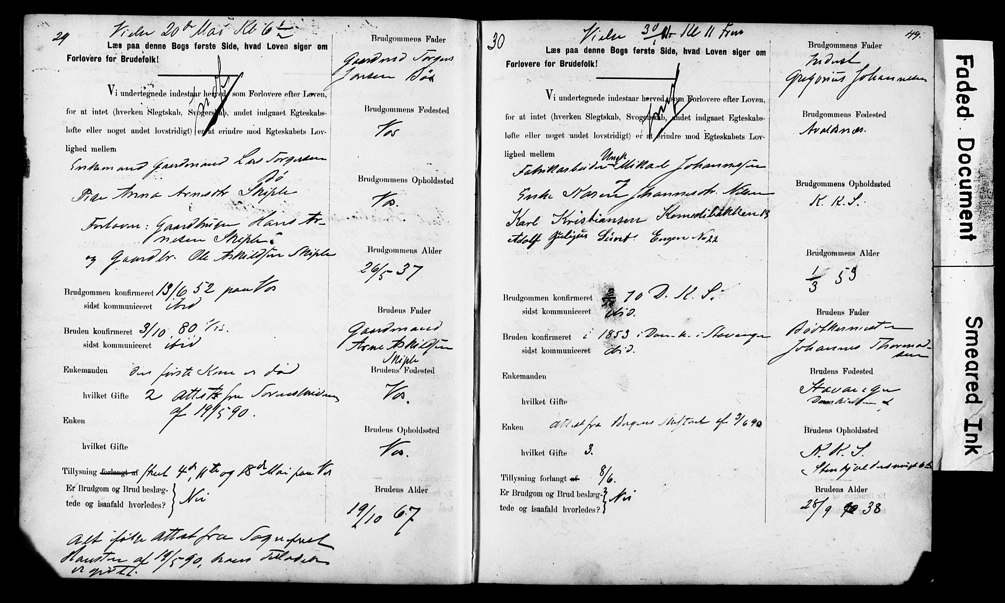 Korskirken sokneprestembete, SAB/A-76101: Forlovererklæringer nr. II.5.6, 1889-1898, s. 49