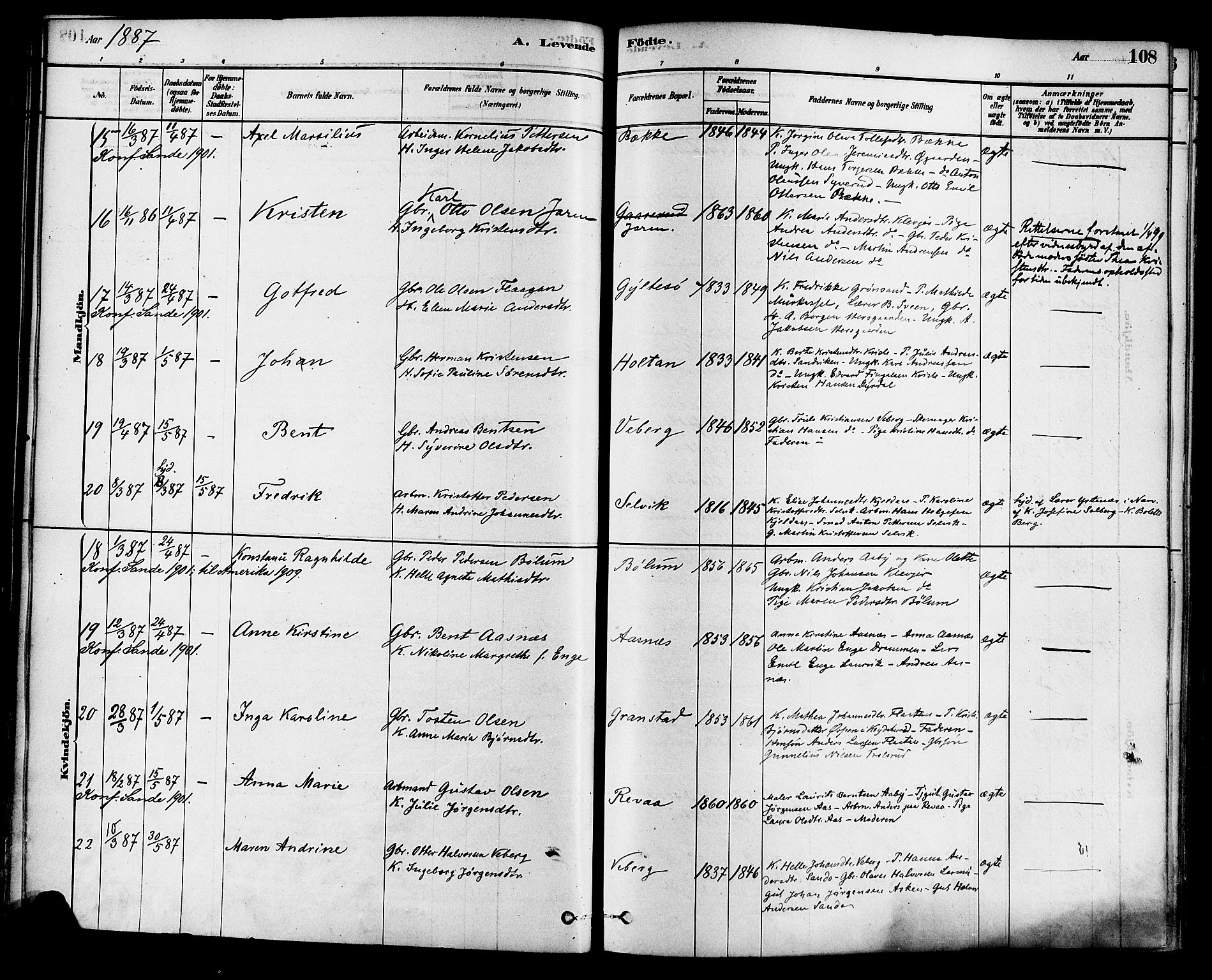 Sande Kirkebøker, AV/SAKO-A-53/F/Fa/L0006: Ministerialbok nr. 6, 1878-1888, s. 108