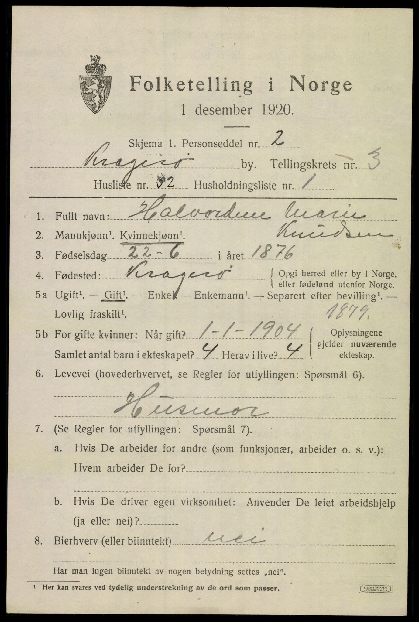 SAKO, Folketelling 1920 for 0801 Kragerø kjøpstad, 1920, s. 7657