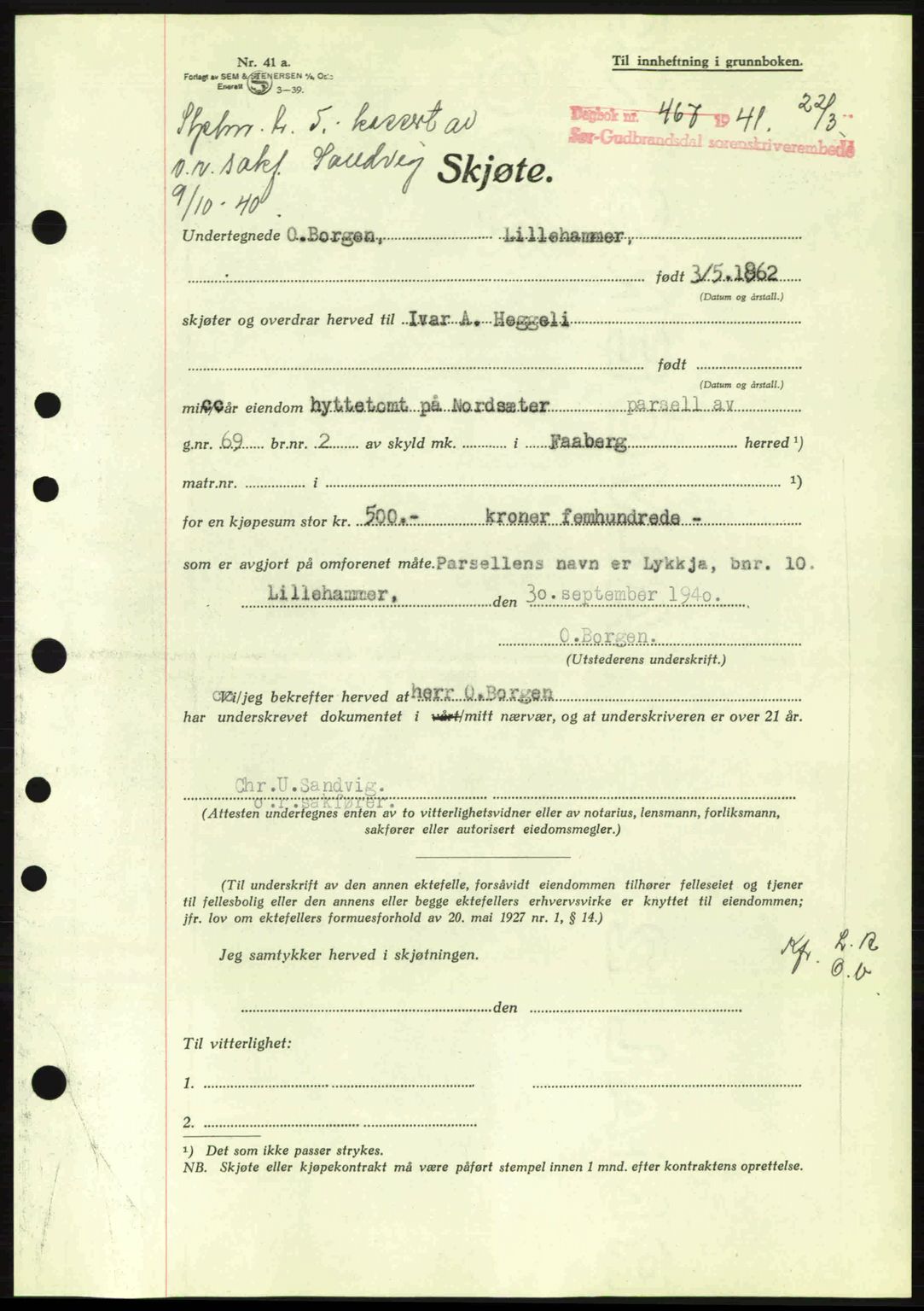 Sør-Gudbrandsdal tingrett, SAH/TING-004/H/Hb/Hbd/L0008: Pantebok nr. A8, 1940-1941, Dagboknr: 467/1941