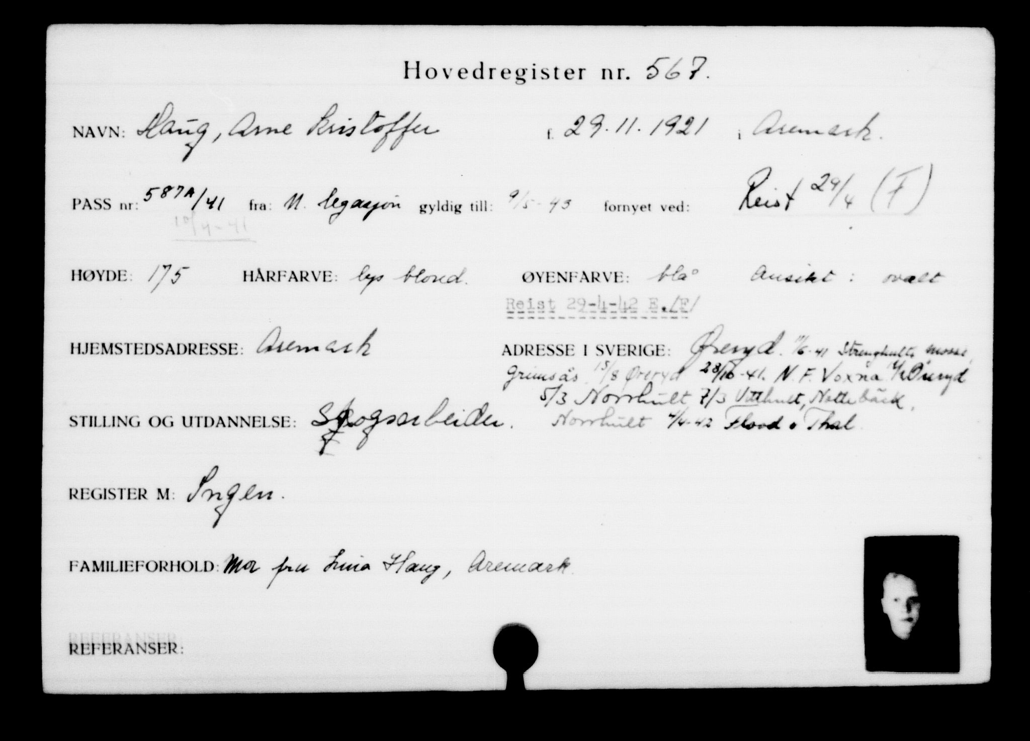 Utenriksstasjonene, Legasjonen i Stockholm, Flyktningkontoret, AV/RA-S-6753/V/Va/L0001: Kjesäterkartoteket, flyktninger med registreringsnr. 1-1000, 1940-1945, s. 882