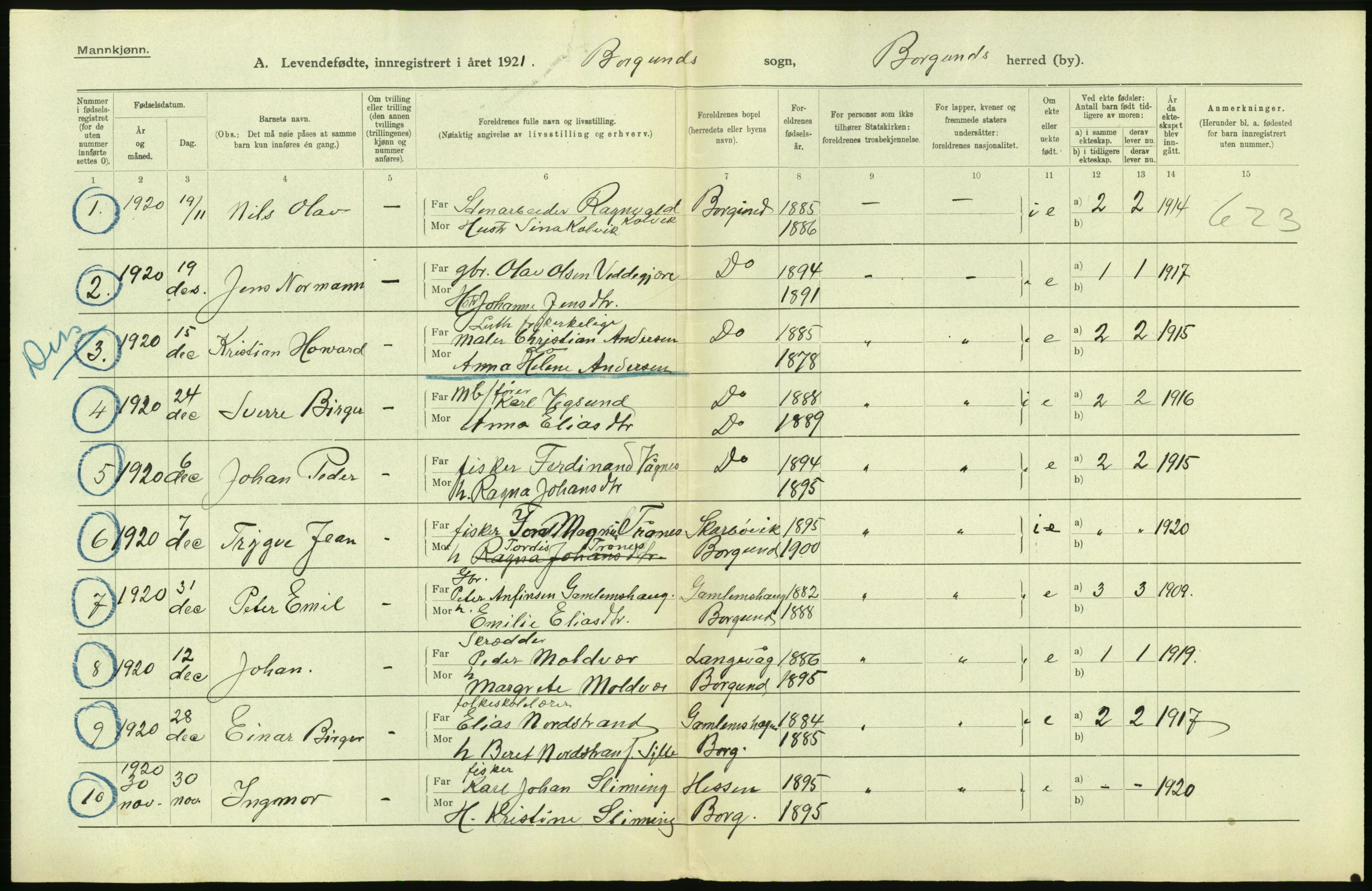 Statistisk sentralbyrå, Sosiodemografiske emner, Befolkning, AV/RA-S-2228/D/Df/Dfc/Dfca/L0040: Møre fylke: Levendefødte menn og kvinner. Bygder., 1921, s. 120