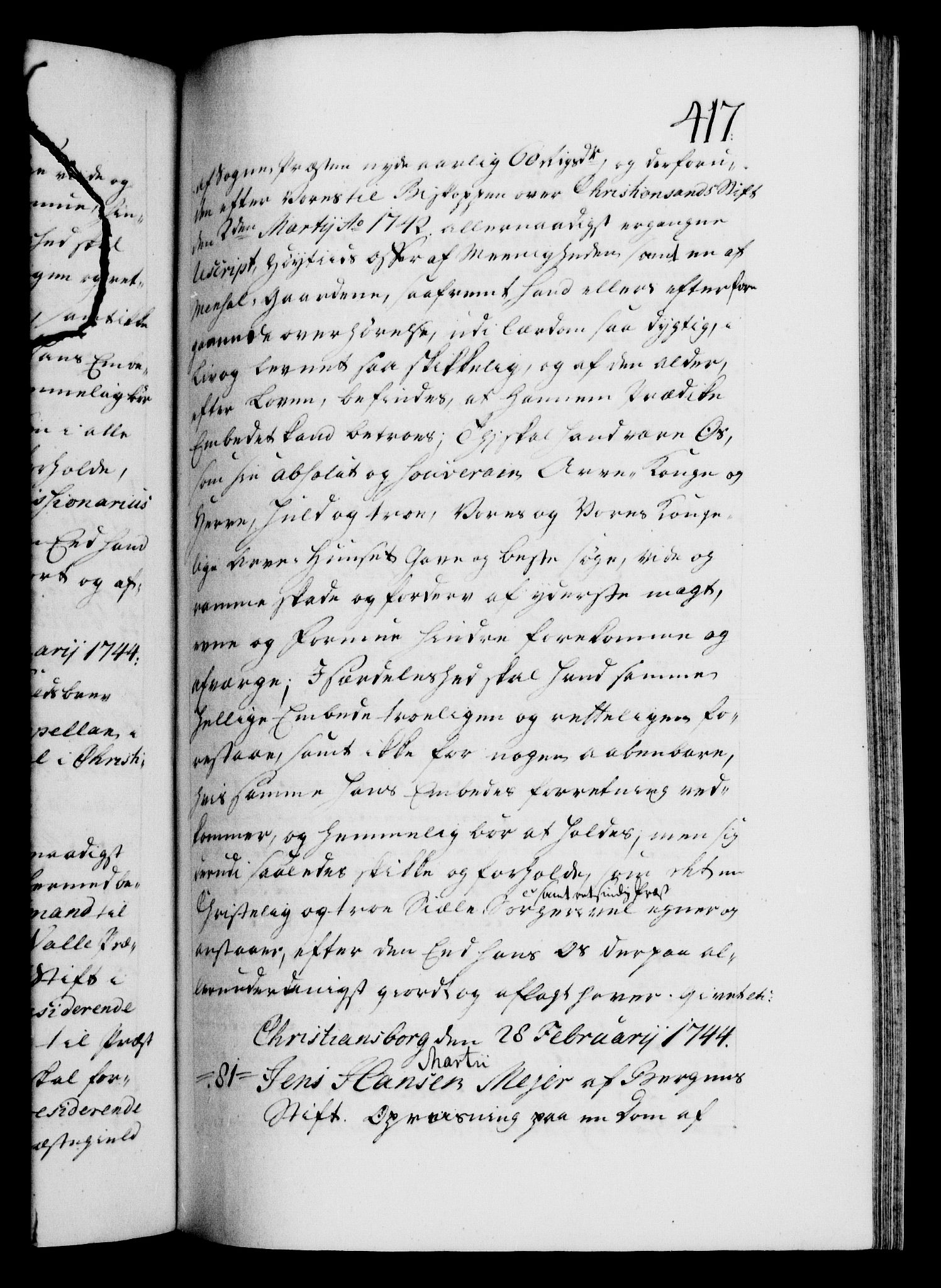 Danske Kanselli 1572-1799, AV/RA-EA-3023/F/Fc/Fca/Fcaa/L0033: Norske registre, 1743-1744, s. 417a