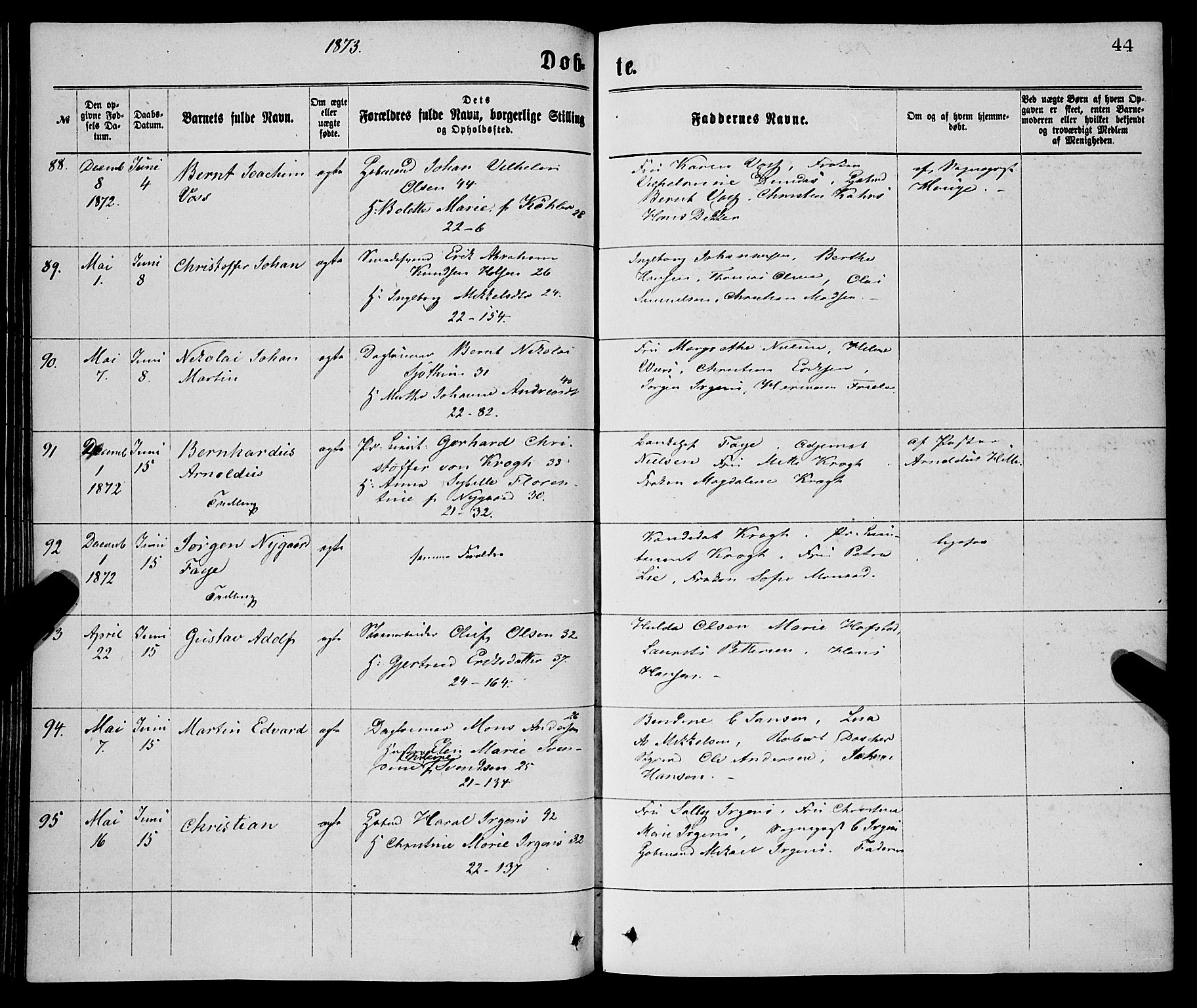 Korskirken sokneprestembete, AV/SAB-A-76101/H/Haa/L0020: Ministerialbok nr. B 6, 1871-1878, s. 44
