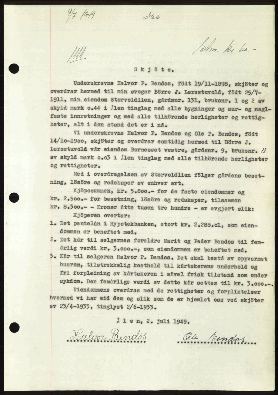 Gauldal sorenskriveri, SAT/A-0014/1/2/2C: Pantebok nr. A8, 1949-1949, Dagboknr: 1111/1949