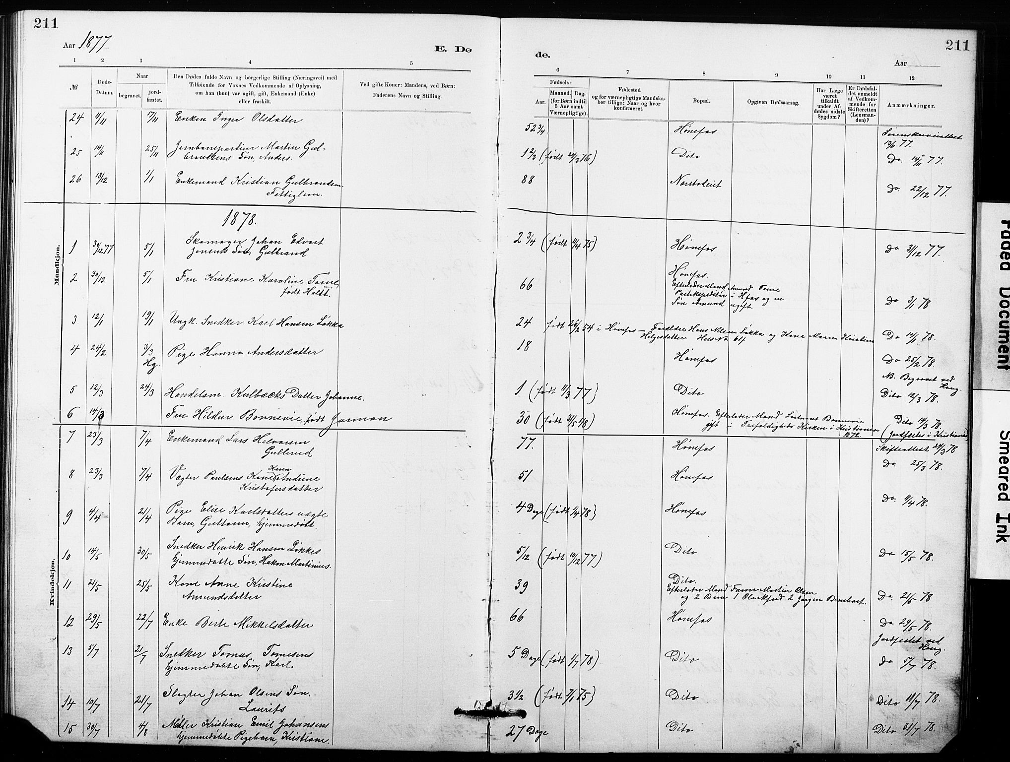 Hønefoss kirkebøker, AV/SAKO-A-609/G/Ga/L0001: Klokkerbok nr. 1, 1870-1887, s. 211