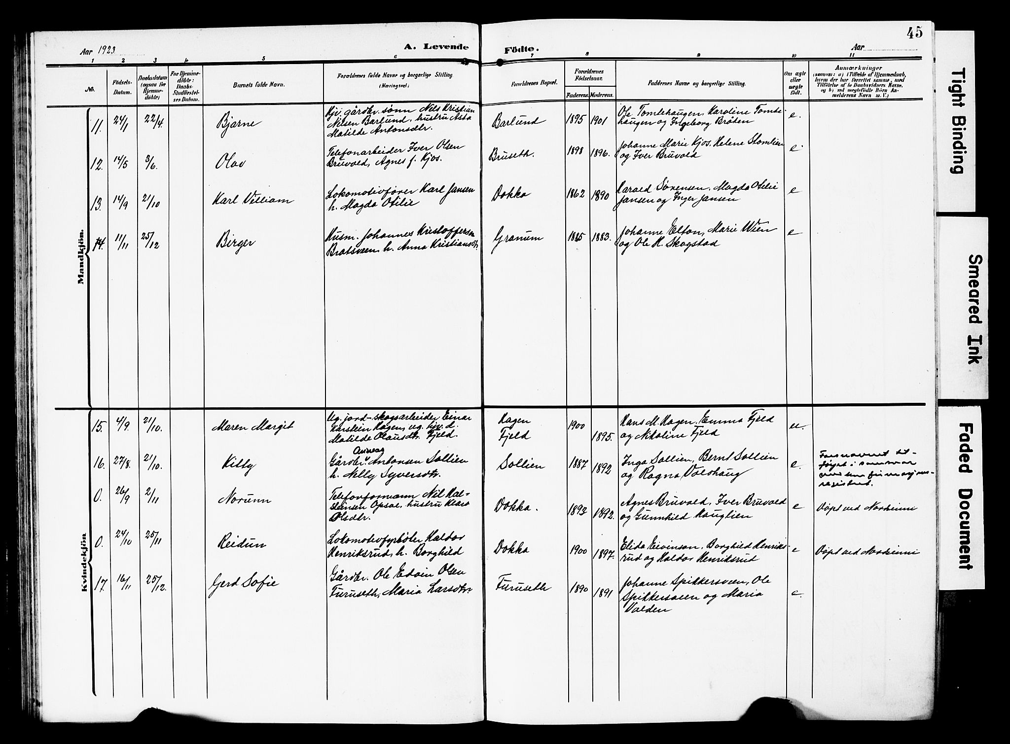 Nordre Land prestekontor, AV/SAH-PREST-124/H/Ha/Hab/L0001: Klokkerbok nr. 1, 1908-1931, s. 45