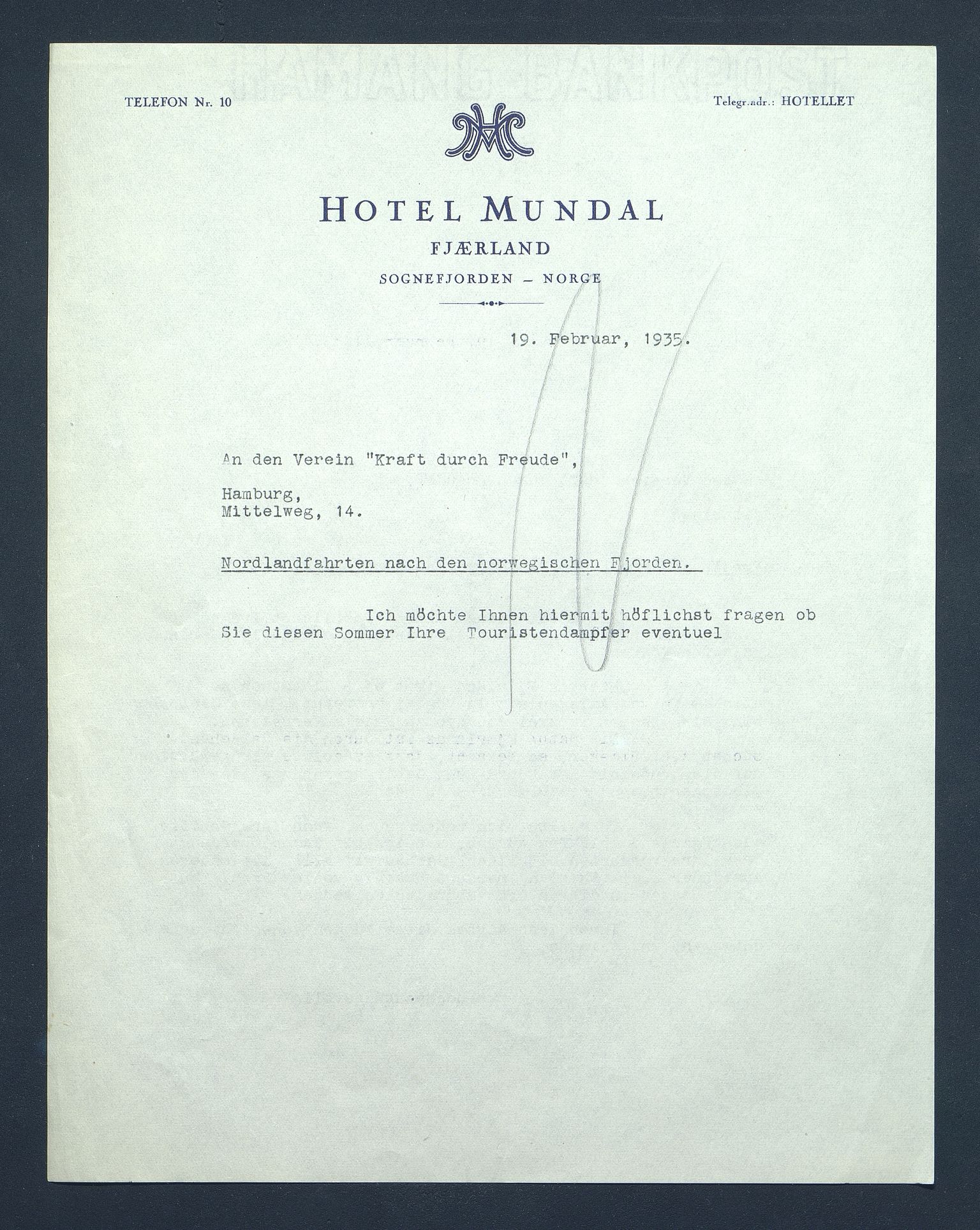 Hotel Mundal , VLFK/SFF-87001/Y/L0001/0002/0104: Stykke, 1935-1937