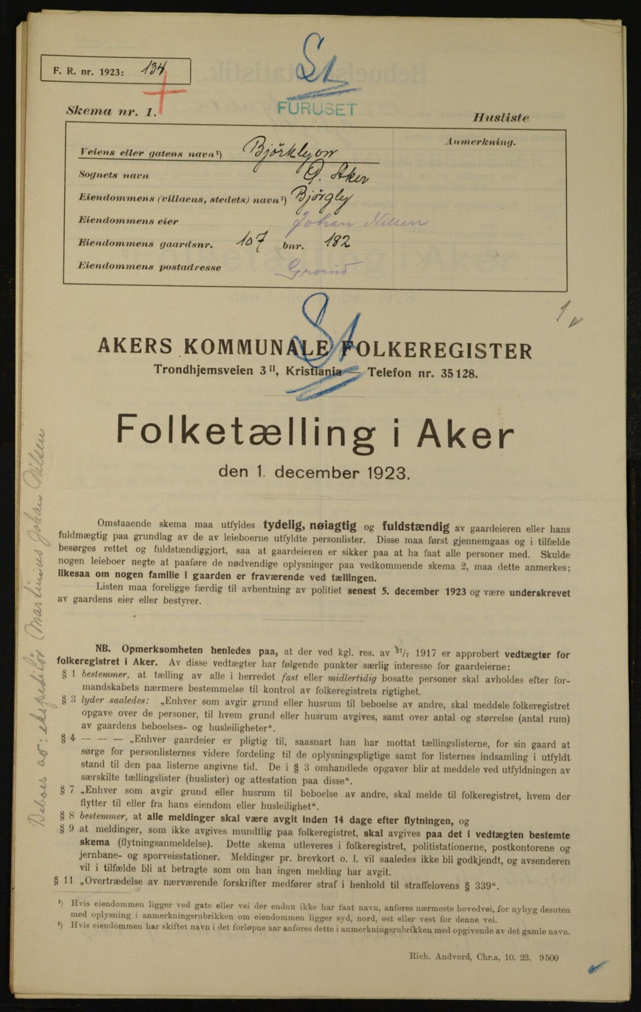 , Kommunal folketelling 1.12.1923 for Aker, 1923, s. 23037