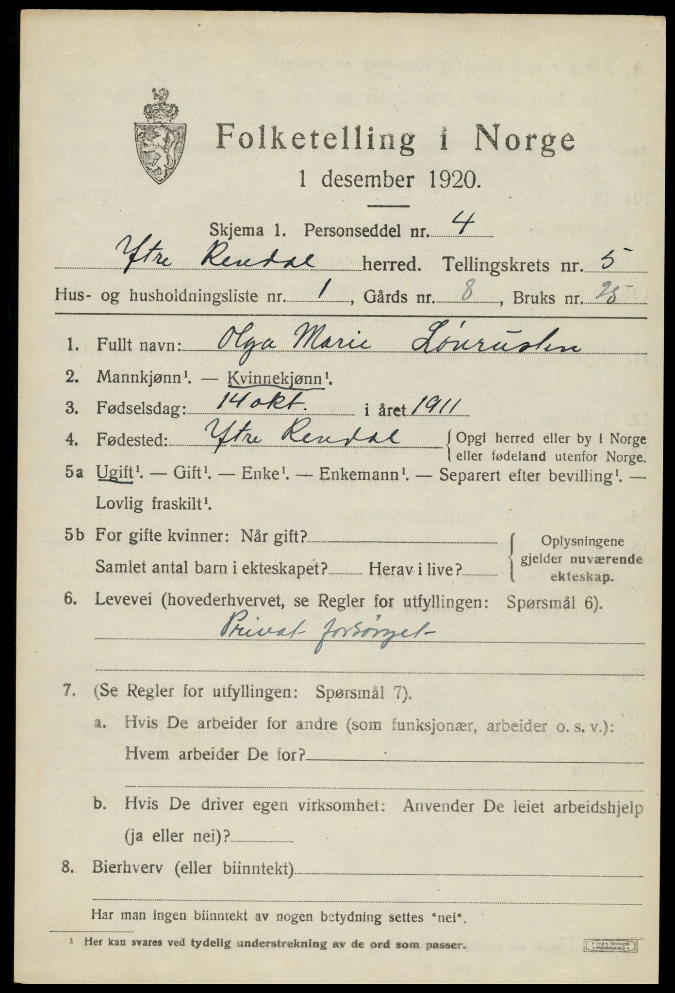 SAH, Folketelling 1920 for 0432 Ytre Rendal herred, 1920, s. 2645