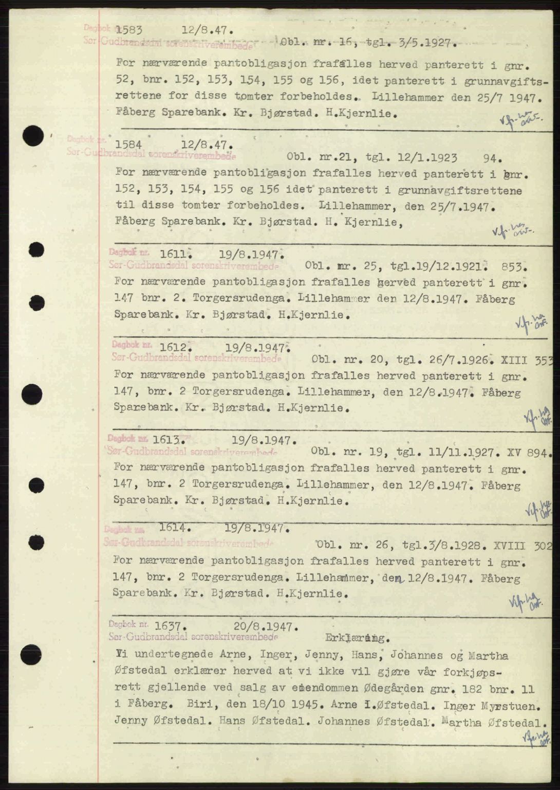 Sør-Gudbrandsdal tingrett, SAH/TING-004/H/Hb/Hbf/L0004: Pantebok nr. C5b, 1945-1951, Dagboknr: 1583/1947