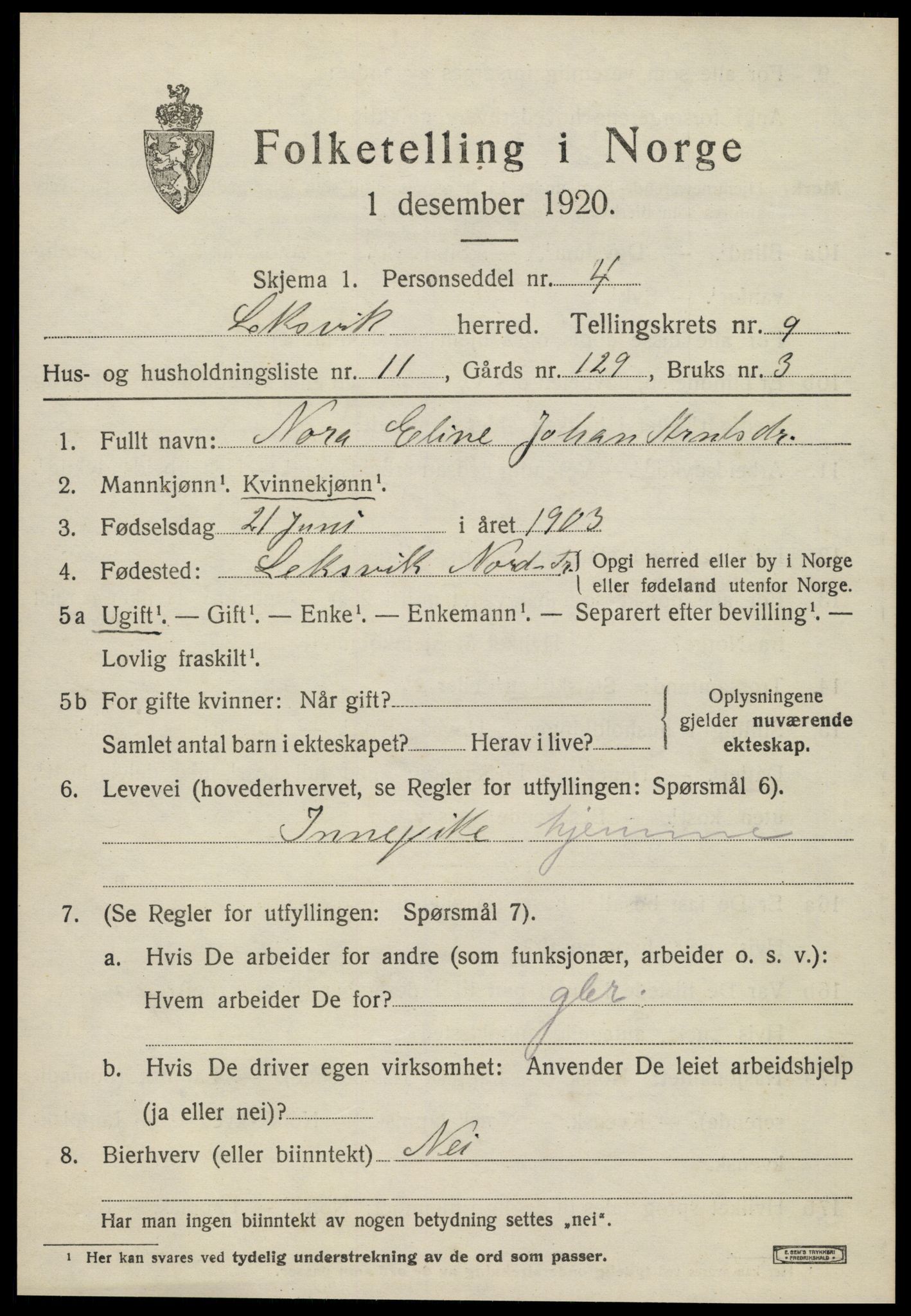SAT, Folketelling 1920 for 1718 Leksvik herred, 1920, s. 7052