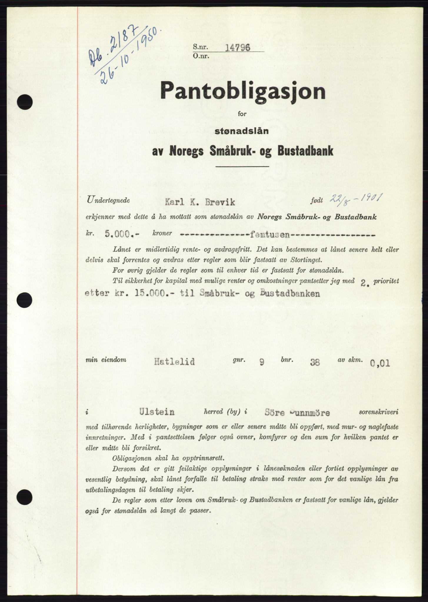 Søre Sunnmøre sorenskriveri, SAT/A-4122/1/2/2C/L0119: Pantebok nr. 7B, 1950-1951, Dagboknr: 2187/1950