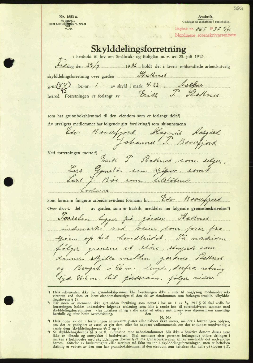Nordmøre sorenskriveri, SAT/A-4132/1/2/2Ca: Pantebok nr. A81, 1937-1937, Dagboknr: 869/1937