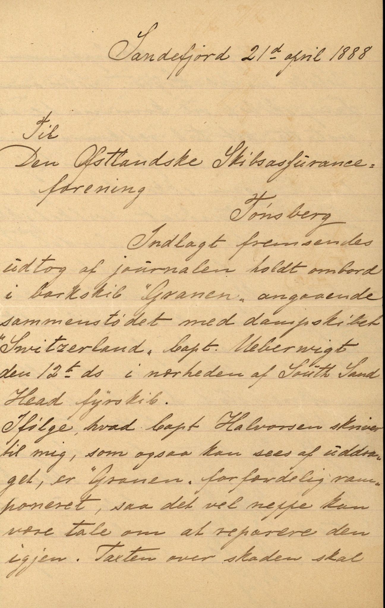 Pa 63 - Østlandske skibsassuranceforening, VEMU/A-1079/G/Ga/L0022/0005: Havaridokumenter / Gjendin, Gibraltar, Granen, 1888, s. 39