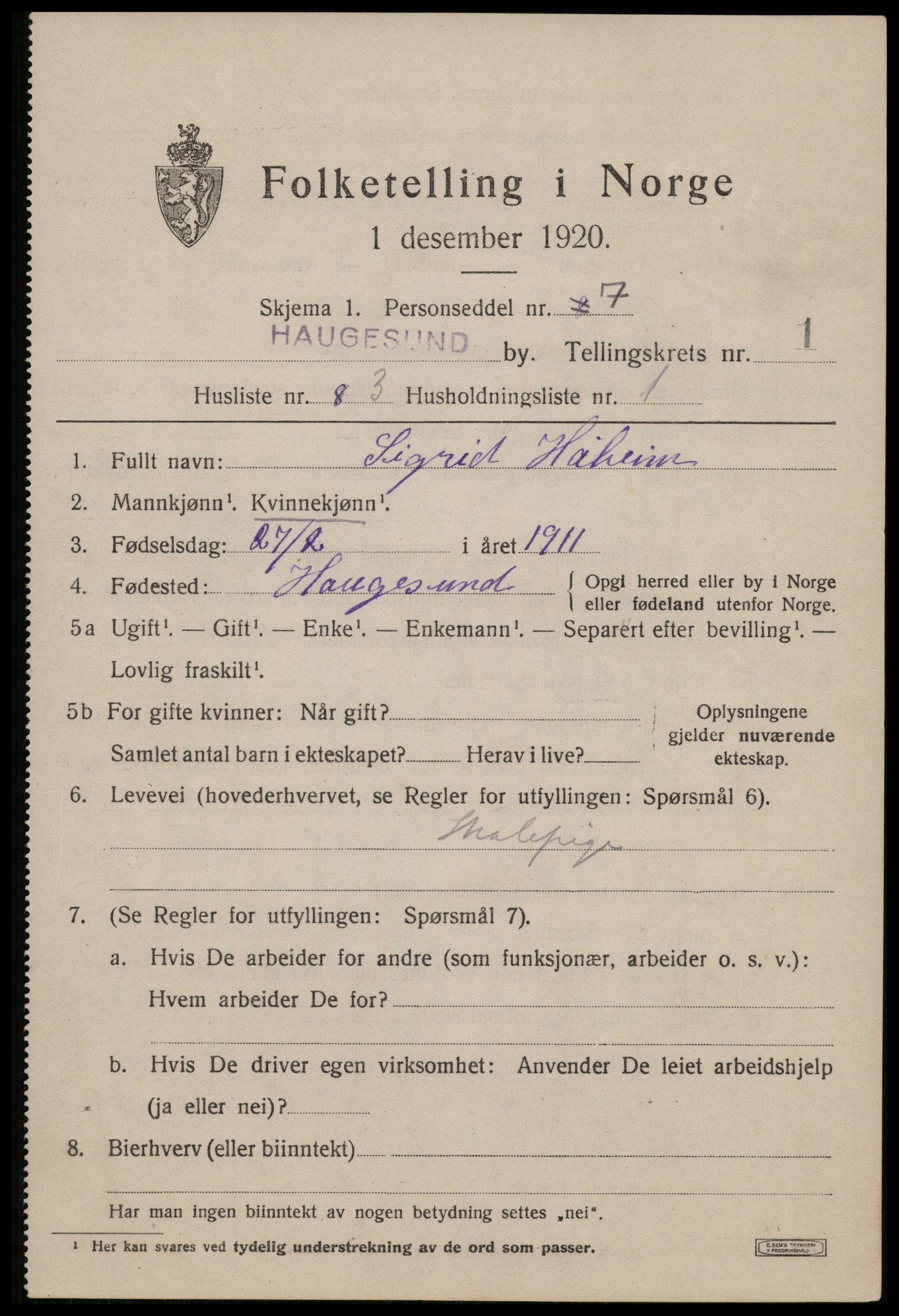 SAST, Folketelling 1920 for 1106 Haugesund kjøpstad, 1920, s. 11561
