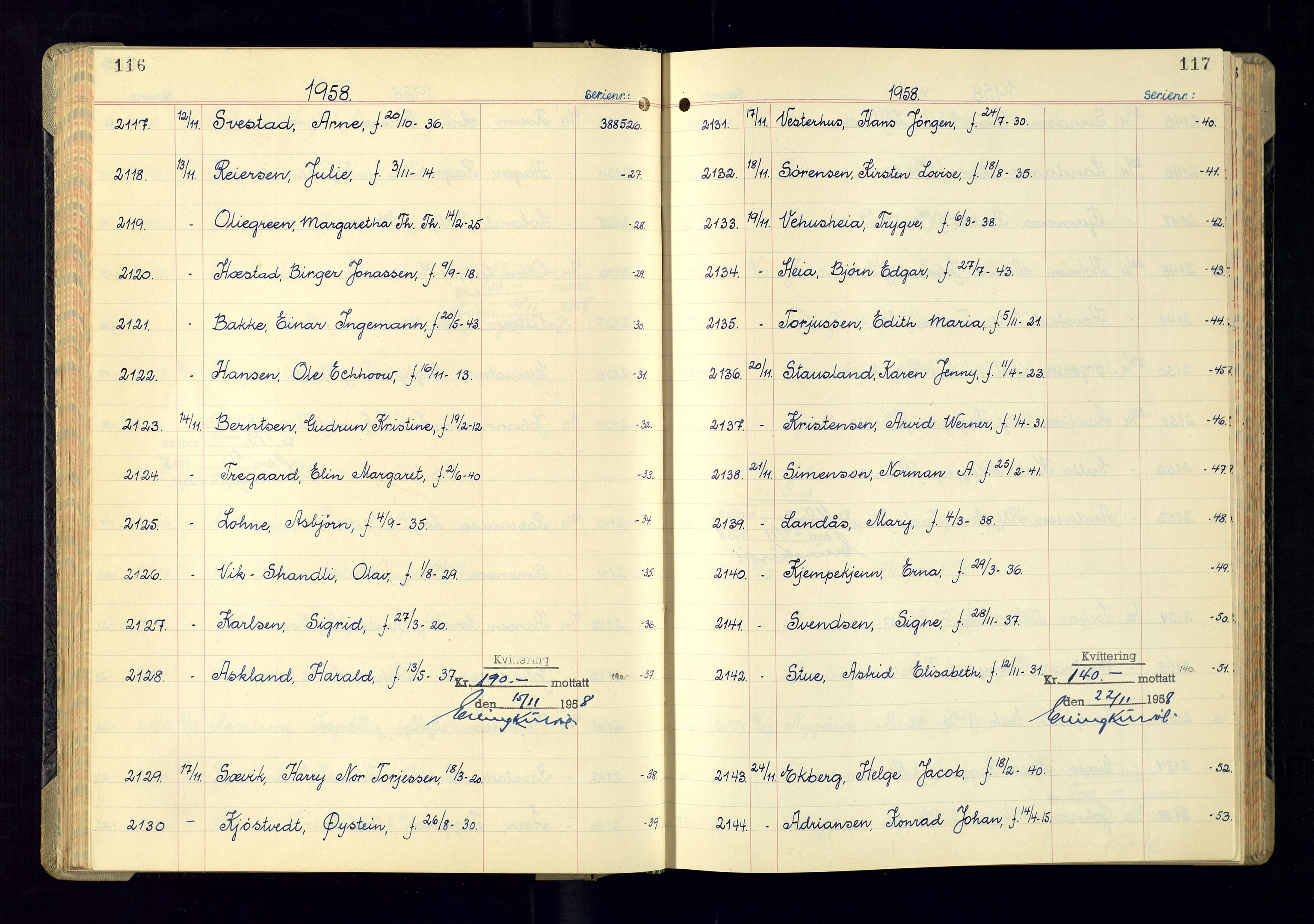 Kristiansand politikammer - 2, AV/SAK-1243-0009/K/Ka/Kaa/L0614: Passprotokoll, liste med løpenumre, 1958-1962, s. 116-117