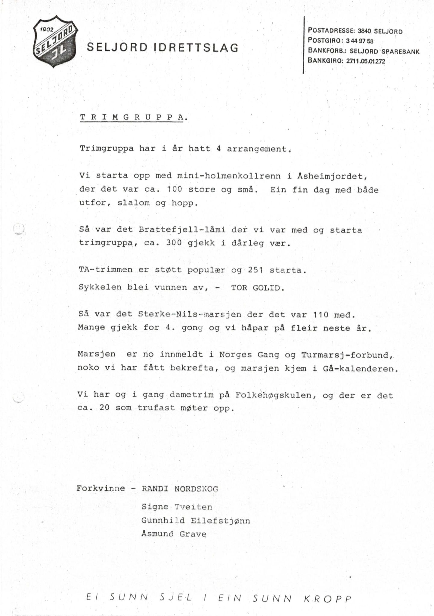Seljord Idrettslag, VTM/A-1034/A/Ab/L0001: Årsmeldingar, 1984