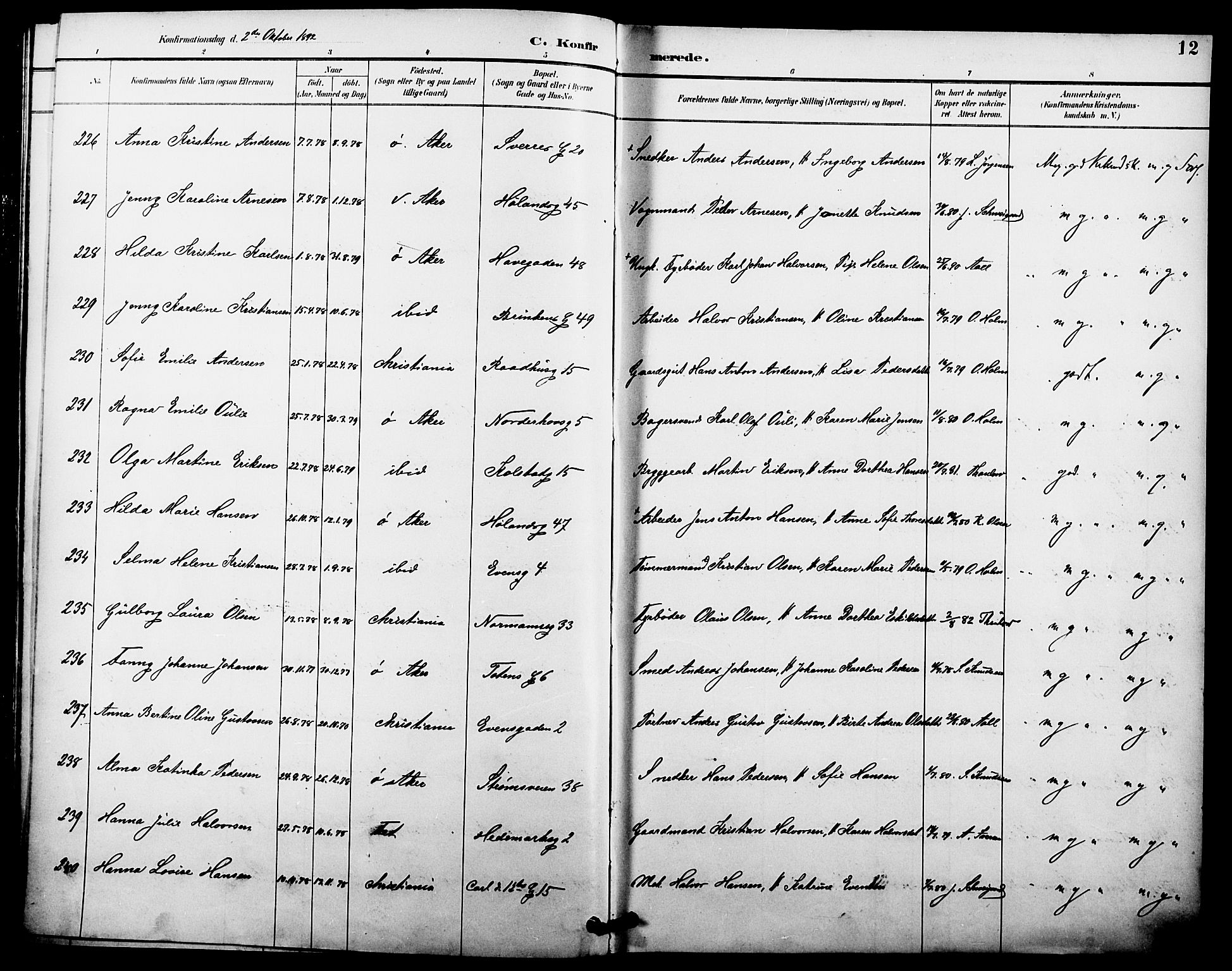 Kampen prestekontor Kirkebøker, AV/SAO-A-10853/F/Fa/L0008: Ministerialbok nr. I 8, 1892-1902, s. 12