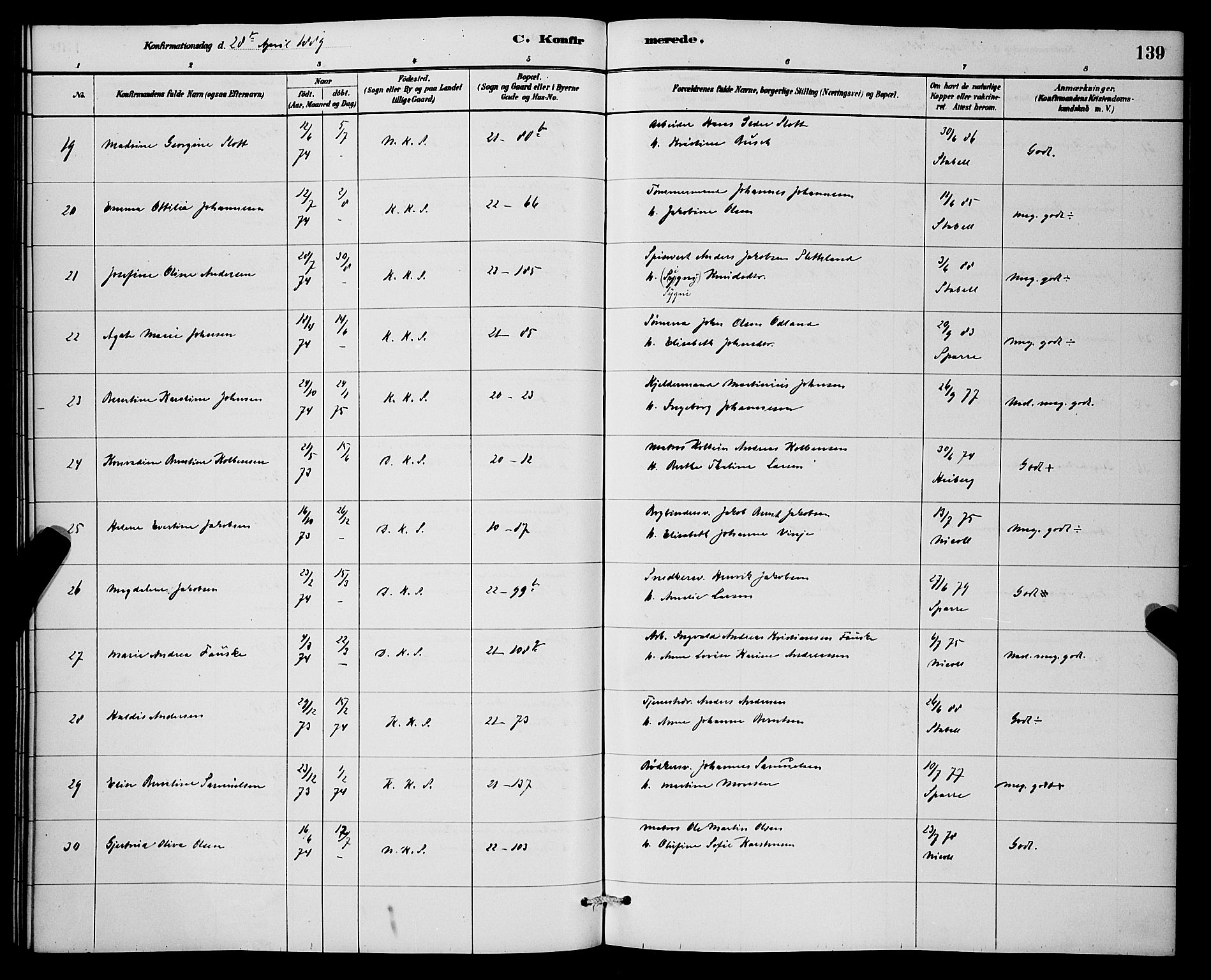 Korskirken sokneprestembete, AV/SAB-A-76101/H/Hab: Klokkerbok nr. C 3, 1880-1892, s. 139