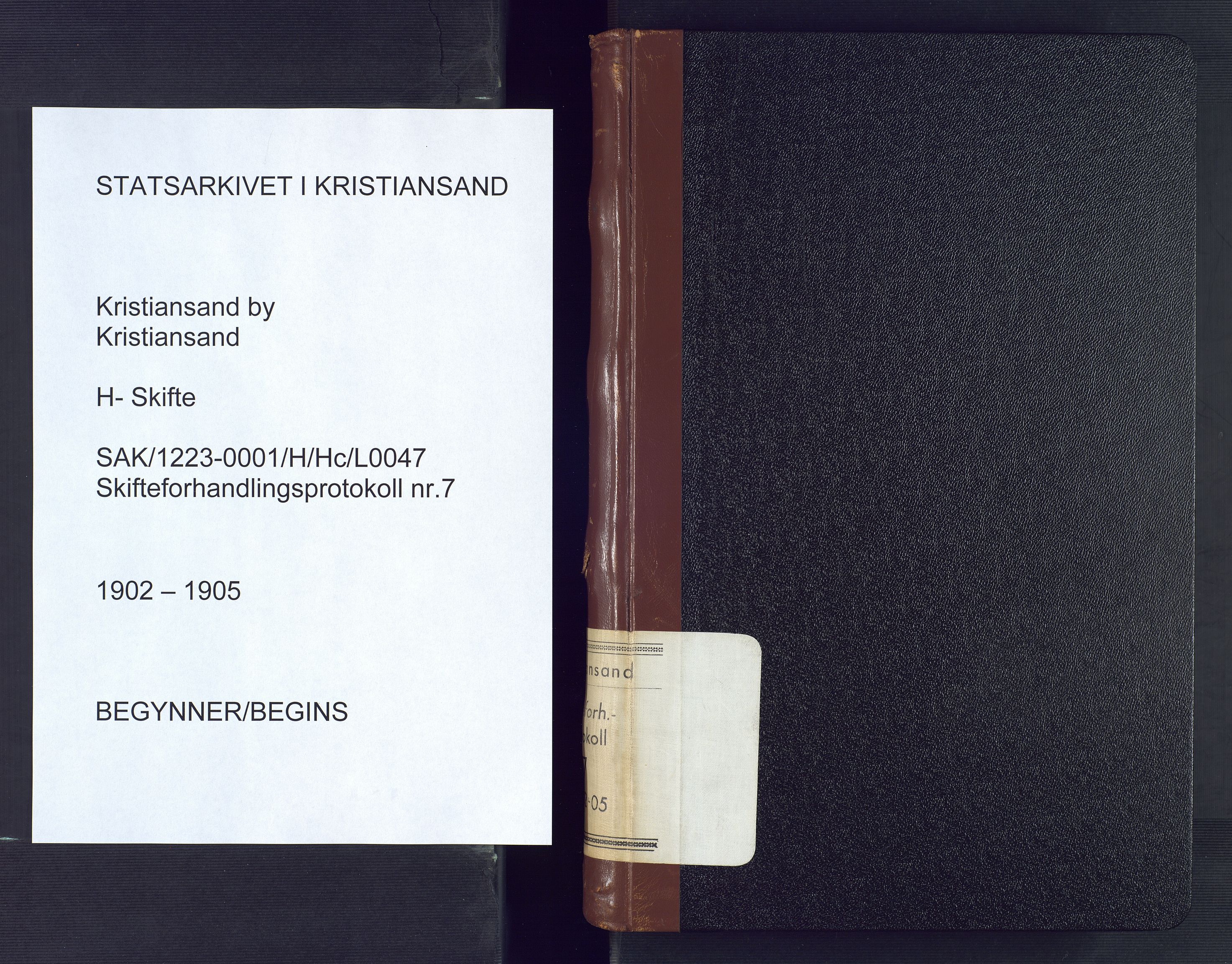 Kristiansand byrett, AV/SAK-1223-0001/H/Hc/L0047: Skifteforhandlingsprotokoll nr. 7, med register, 1902-1905