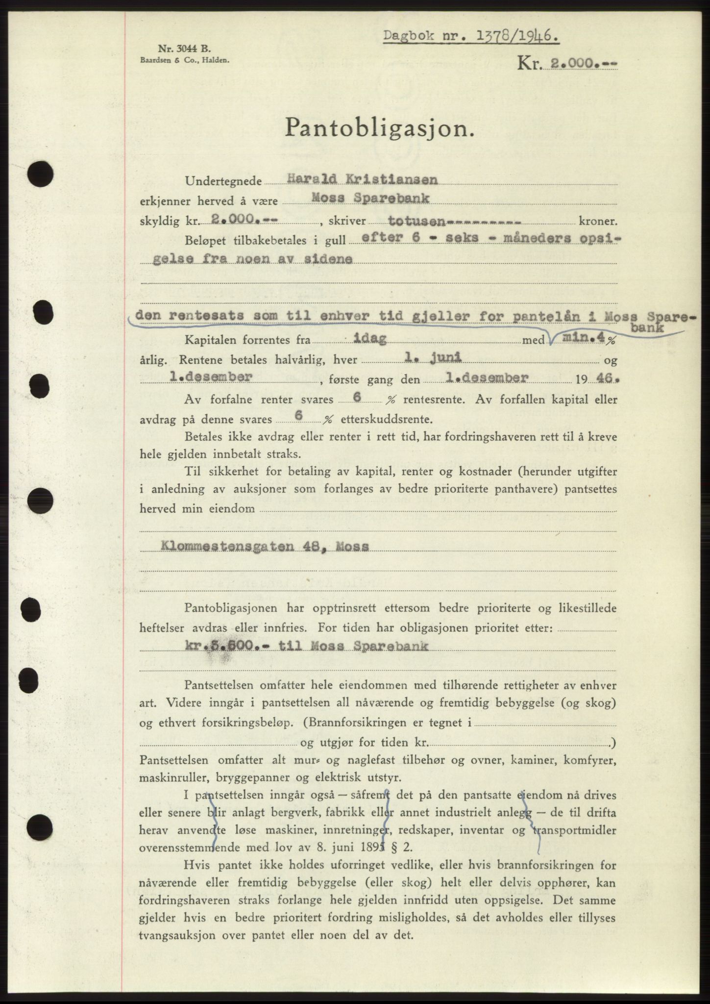Moss sorenskriveri, SAO/A-10168: Pantebok nr. B15, 1946-1946, Dagboknr: 1378/1946