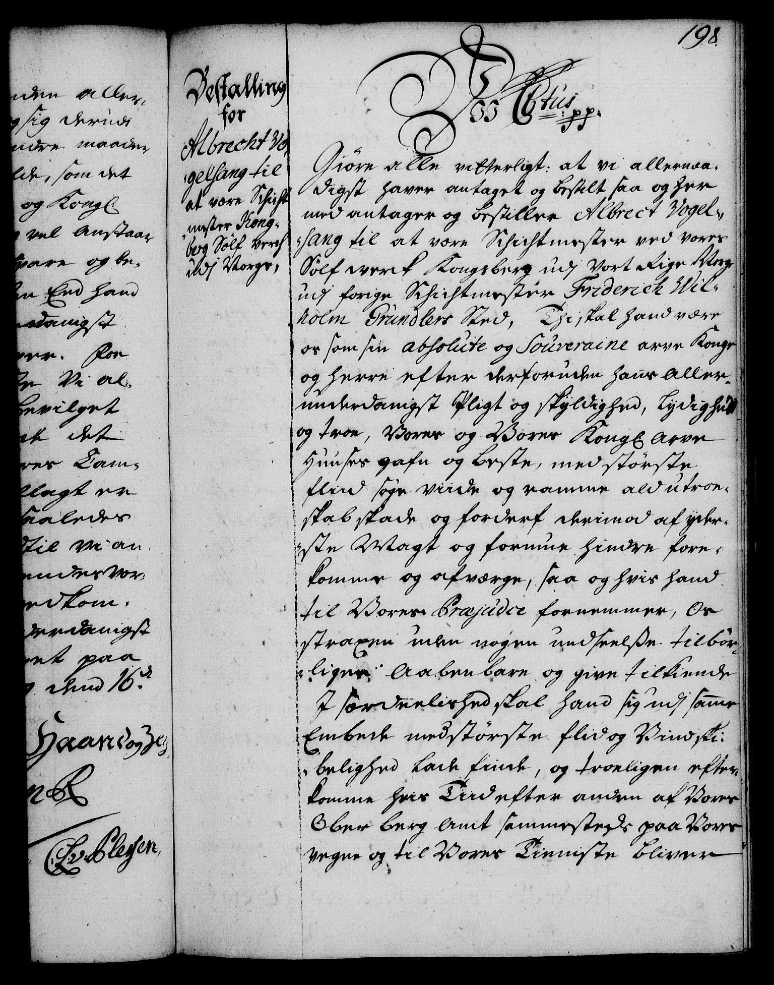 Rentekammeret, Kammerkanselliet, RA/EA-3111/G/Gg/Gge/L0002: Norsk bestallingsprotokoll med register (merket RK 53.26), 1730-1744, s. 198