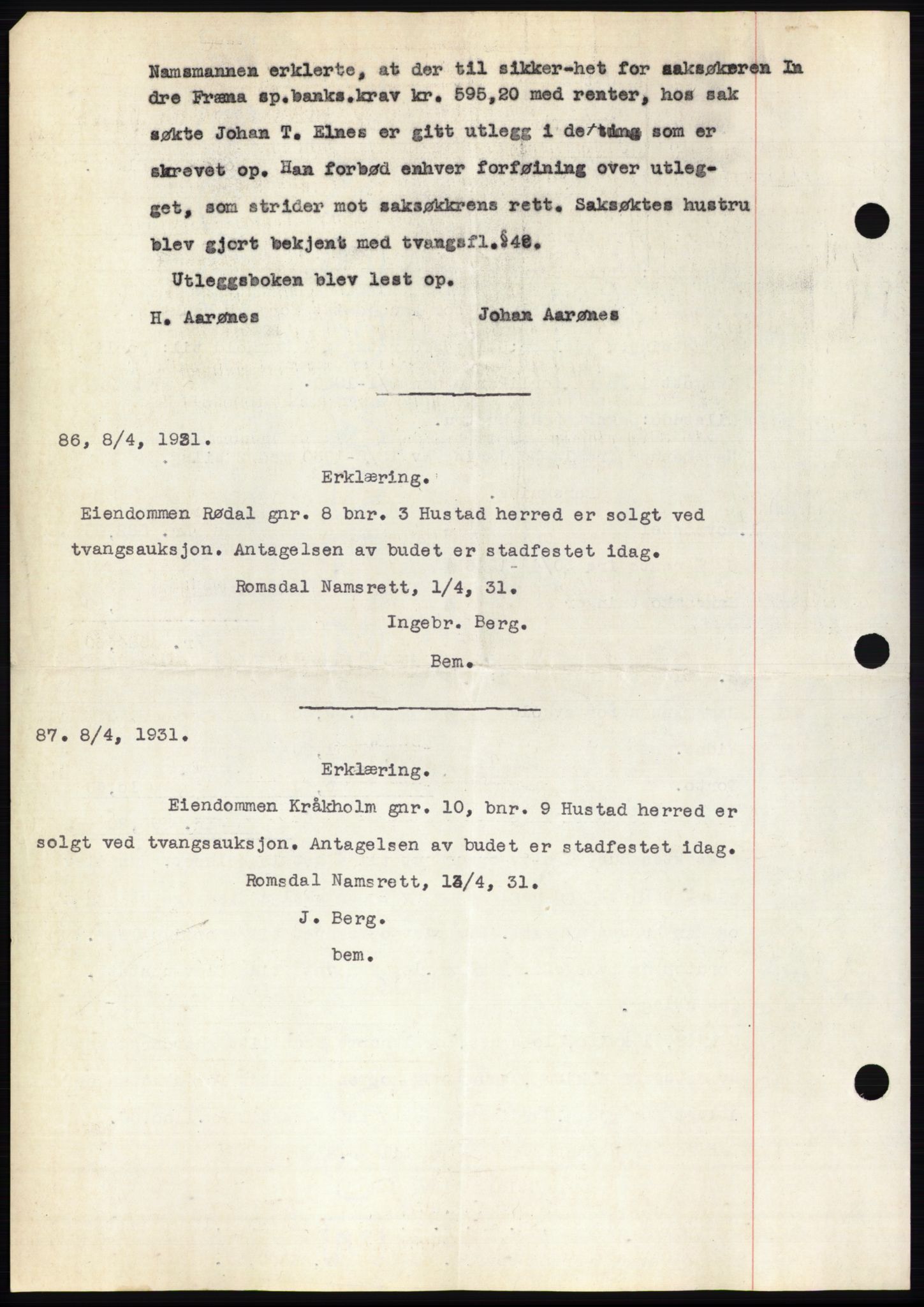 Romsdal sorenskriveri, AV/SAT-A-4149/1/2/2C/L0059: Pantebok nr. 53, 1931-1931, Tingl.dato: 08.04.1931