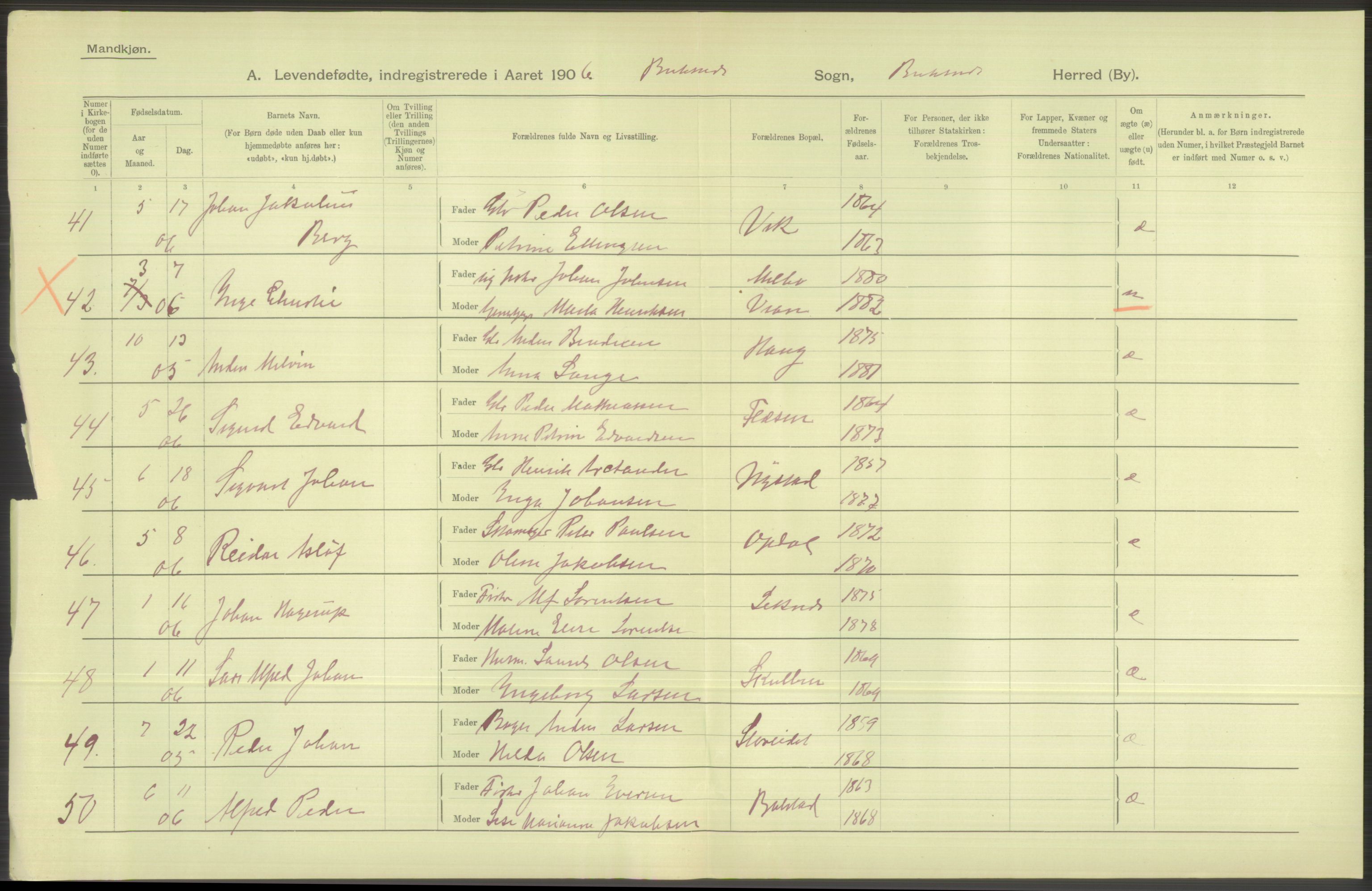 Statistisk sentralbyrå, Sosiodemografiske emner, Befolkning, AV/RA-S-2228/D/Df/Dfa/Dfad/L0044: Nordlands amt: Levendefødte menn og kvinner. Bygder., 1906, s. 4