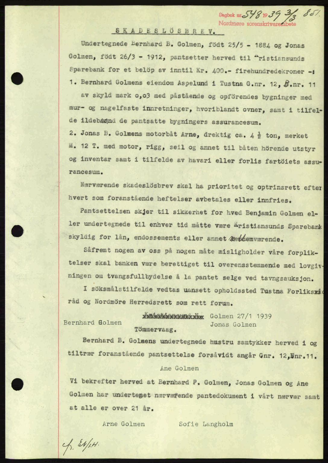 Nordmøre sorenskriveri, SAT/A-4132/1/2/2Ca: Pantebok nr. B84, 1938-1939, Dagboknr: 548/1939