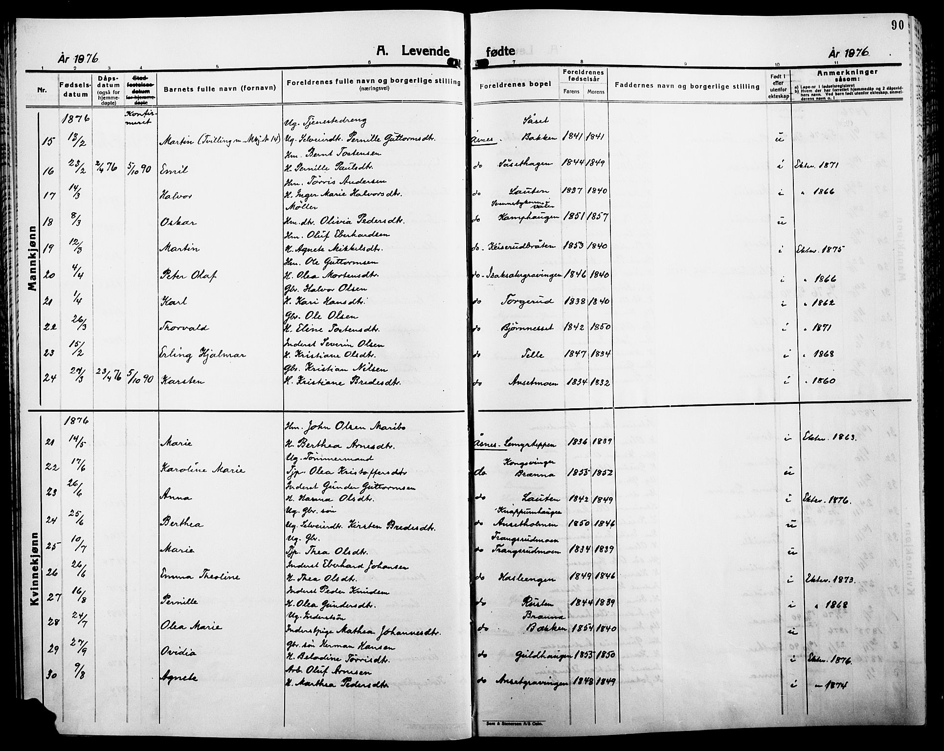 Åsnes prestekontor, AV/SAH-PREST-042/H/Ha/Haa/L0000B: Ministerialbok, 1870-1889, s. 90