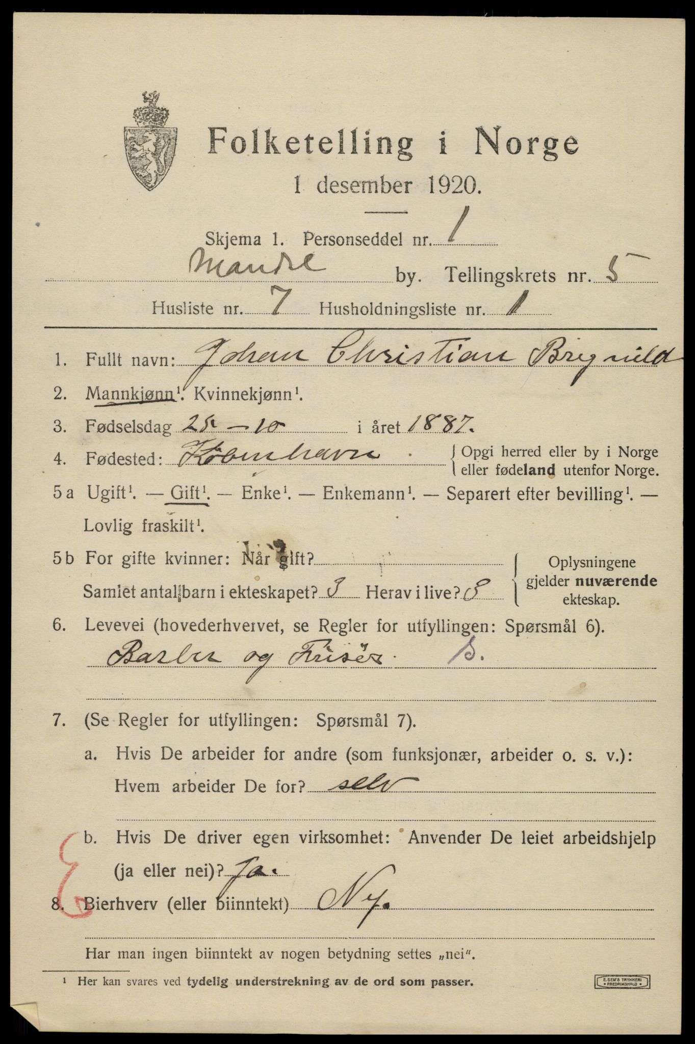 SAK, Folketelling 1920 for 1002 Mandal ladested, 1920, s. 8265