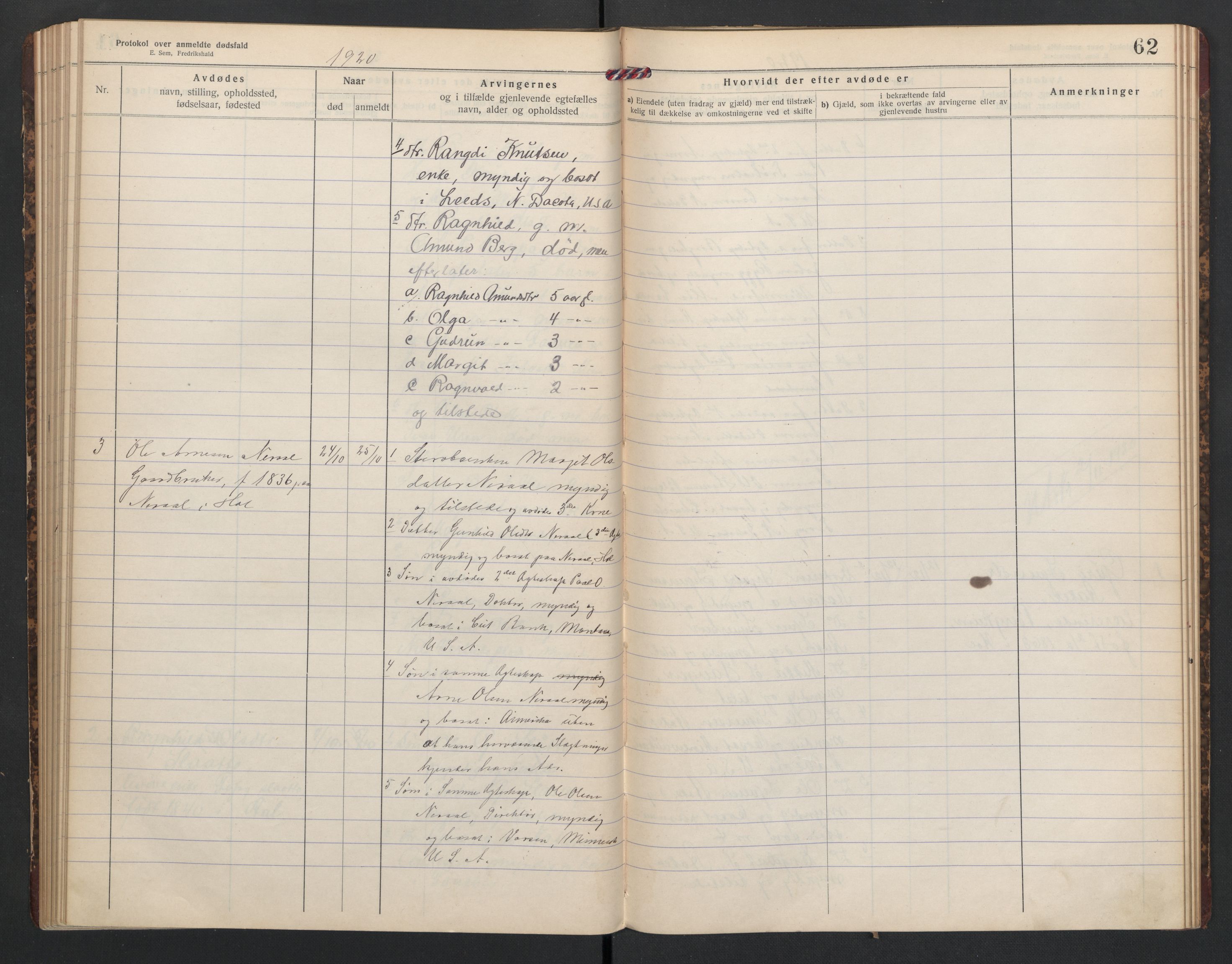 Hol lensmannskontor, AV/SAKO-A-512/H/Ha/L0005: Dødsanmeldelsesprotokoll, 1917-1924, s. 62