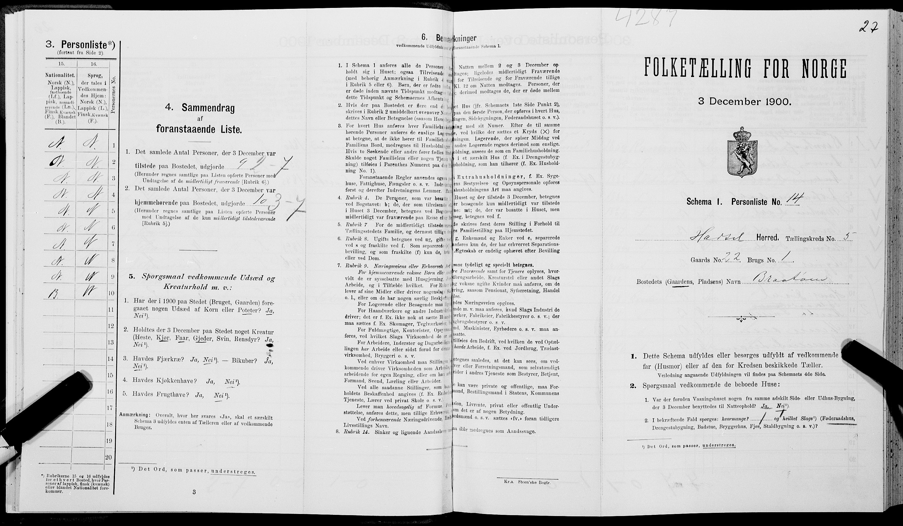 SAT, Folketelling 1900 for 1866 Hadsel herred, 1900, s. 491