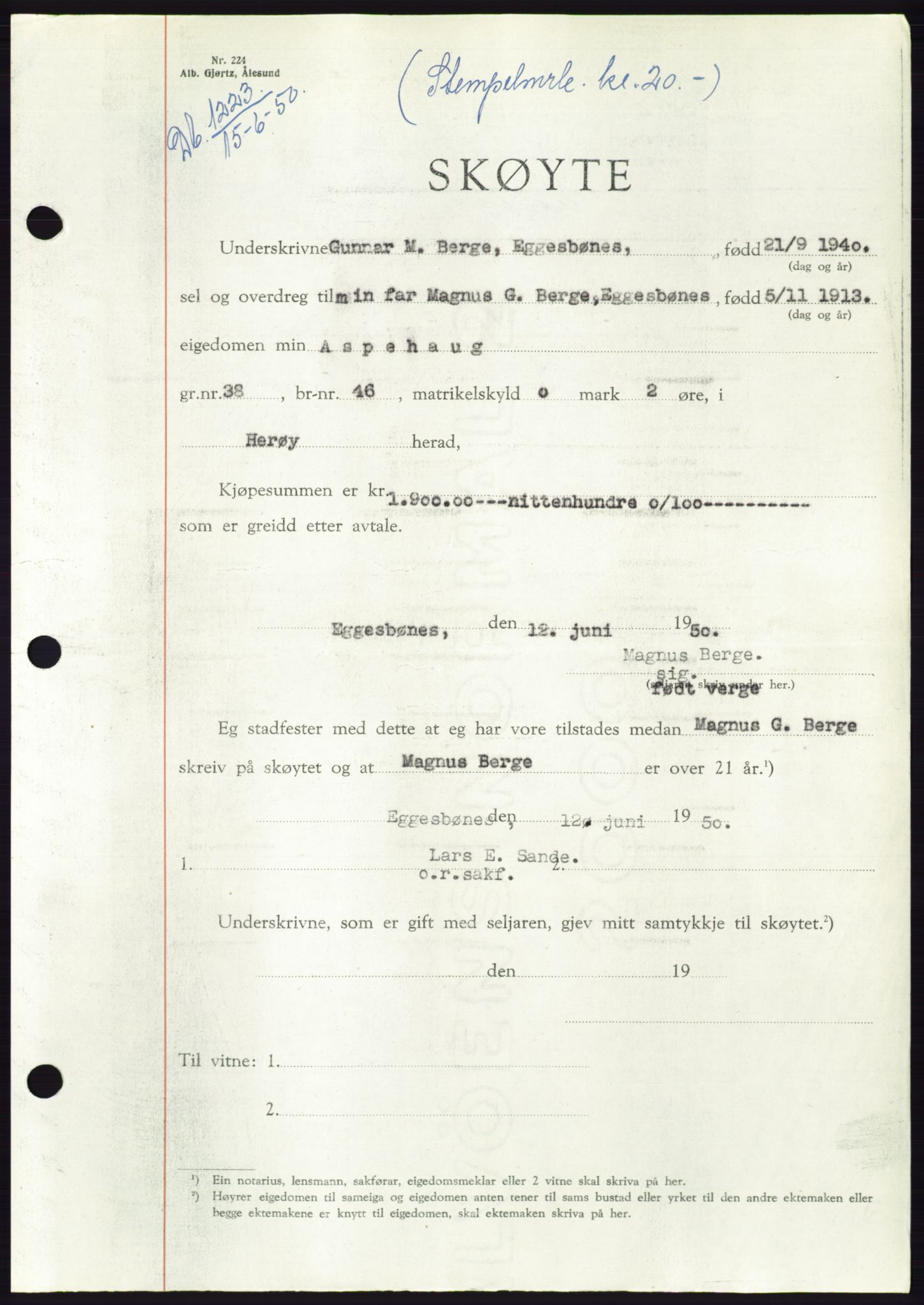 Søre Sunnmøre sorenskriveri, SAT/A-4122/1/2/2C/L0087: Pantebok nr. 13A, 1950-1950, Dagboknr: 1223/1950