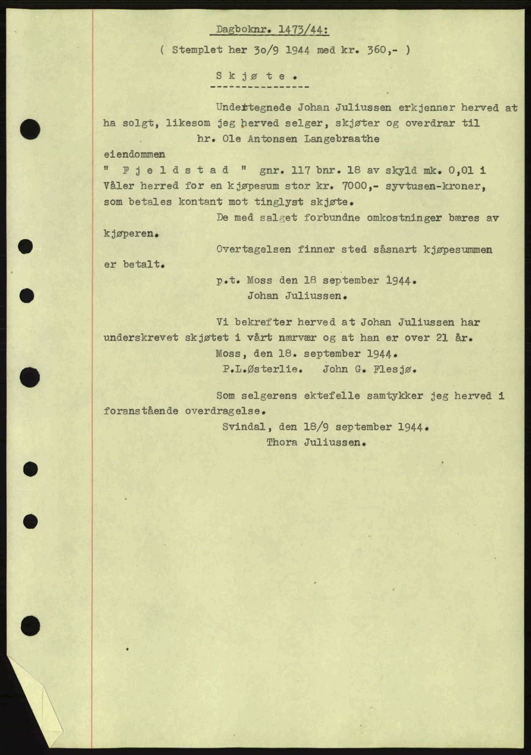 Moss sorenskriveri, SAO/A-10168: Pantebok nr. A13, 1944-1945, Dagboknr: 1473/1944