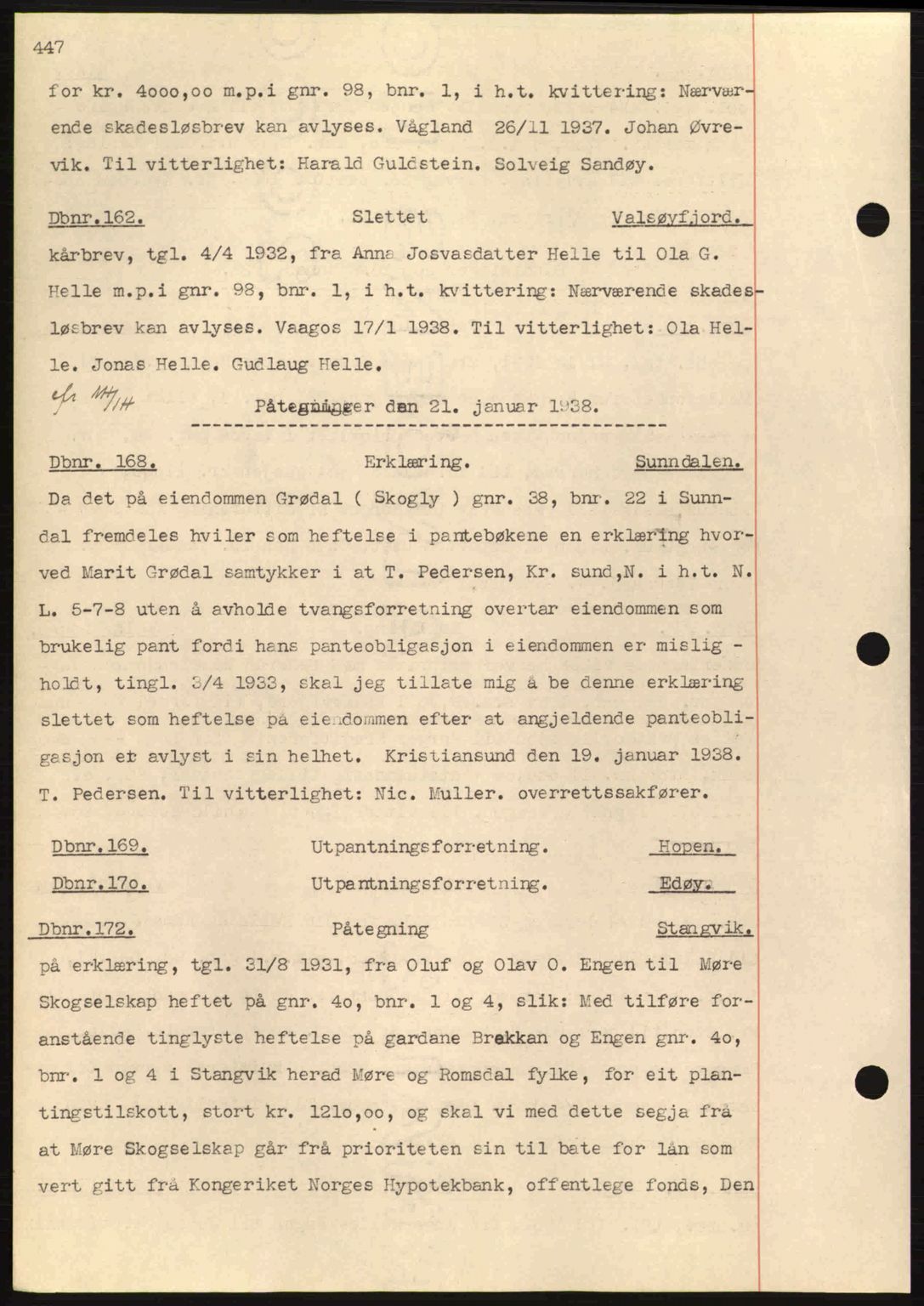 Nordmøre sorenskriveri, AV/SAT-A-4132/1/2/2Ca: Pantebok nr. C80, 1936-1939, Dagboknr: 162/1938