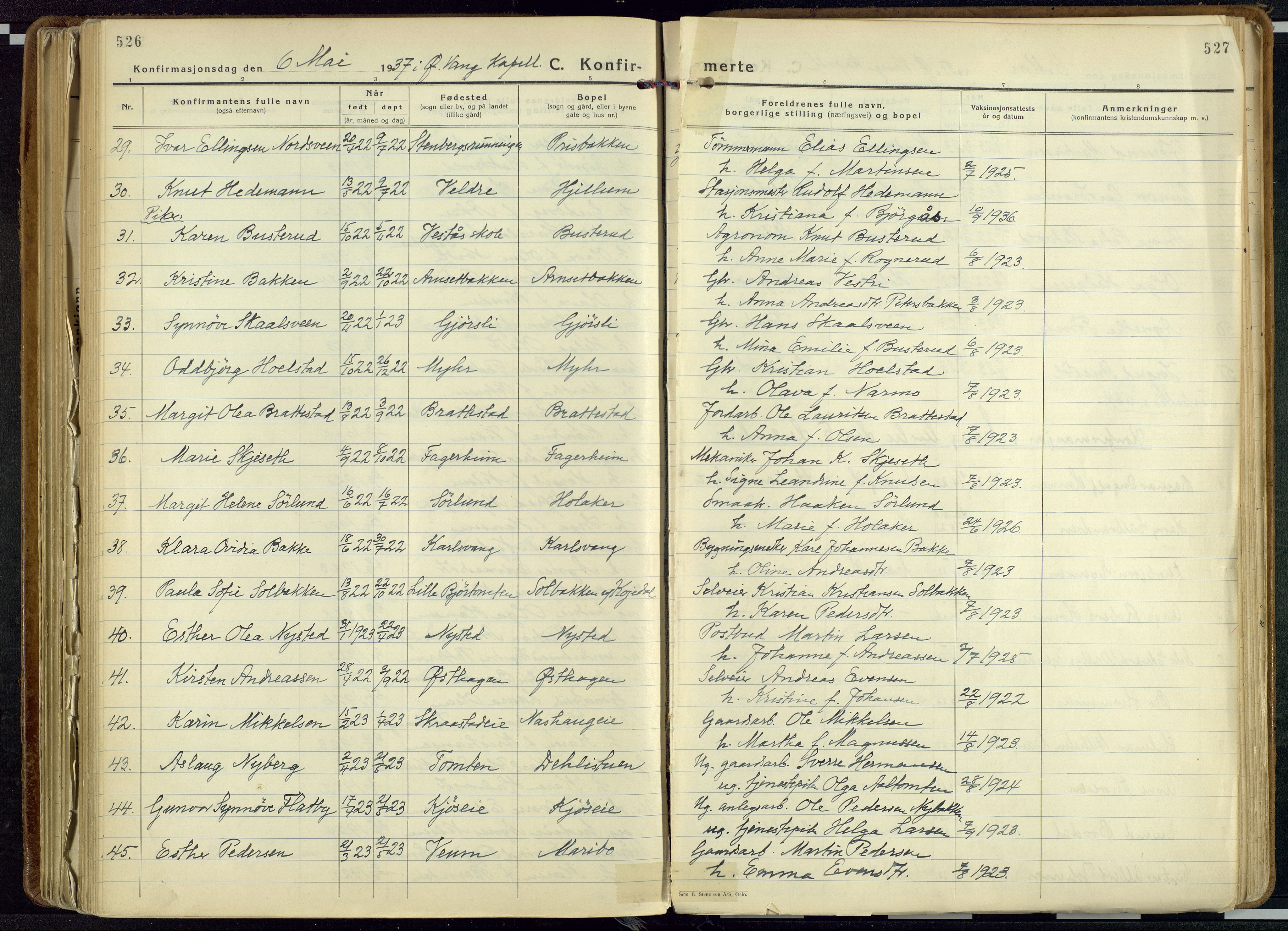 Vang prestekontor, Hedmark, AV/SAH-PREST-008/H/Ha/Haa/L0023: Ministerialbok nr. 23, 1932-1957, s. 526-527