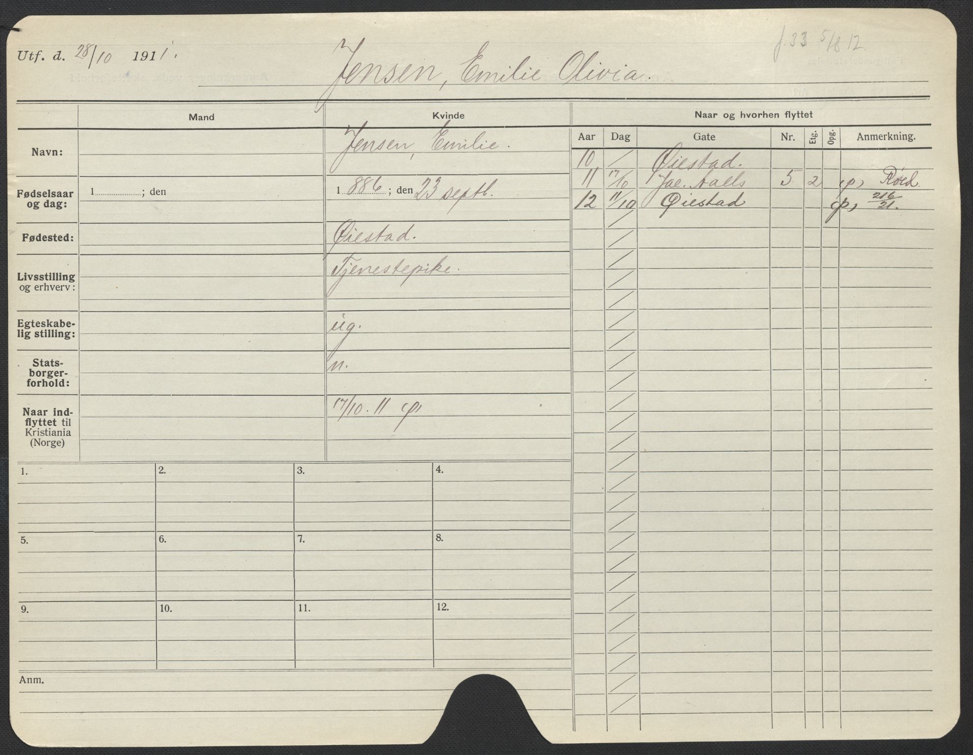 Oslo folkeregister, Registerkort, AV/SAO-A-11715/F/Fa/Fac/L0017: Kvinner, 1906-1914, s. 402a