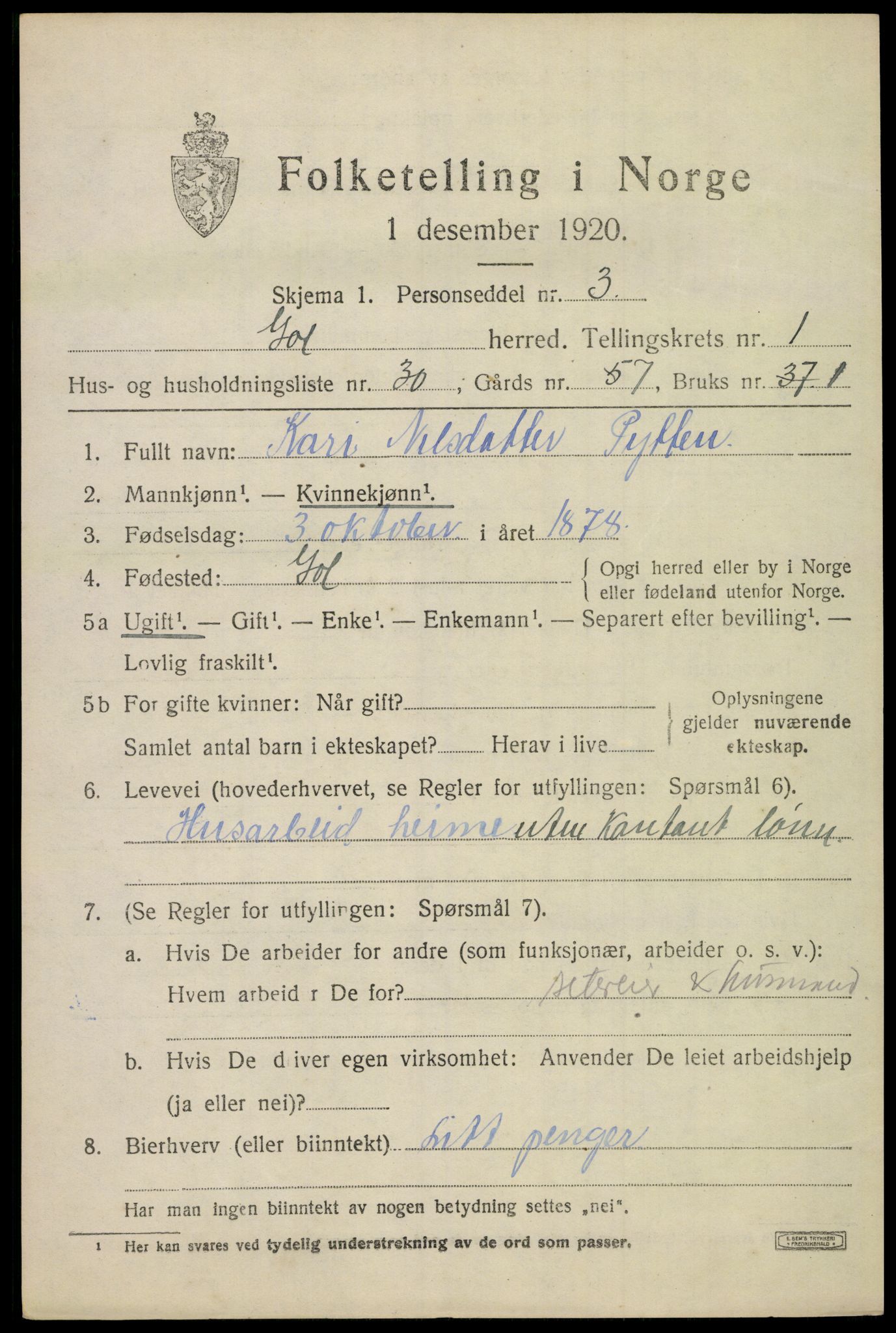 SAKO, Folketelling 1920 for 0617 Gol herred, 1920, s. 1210