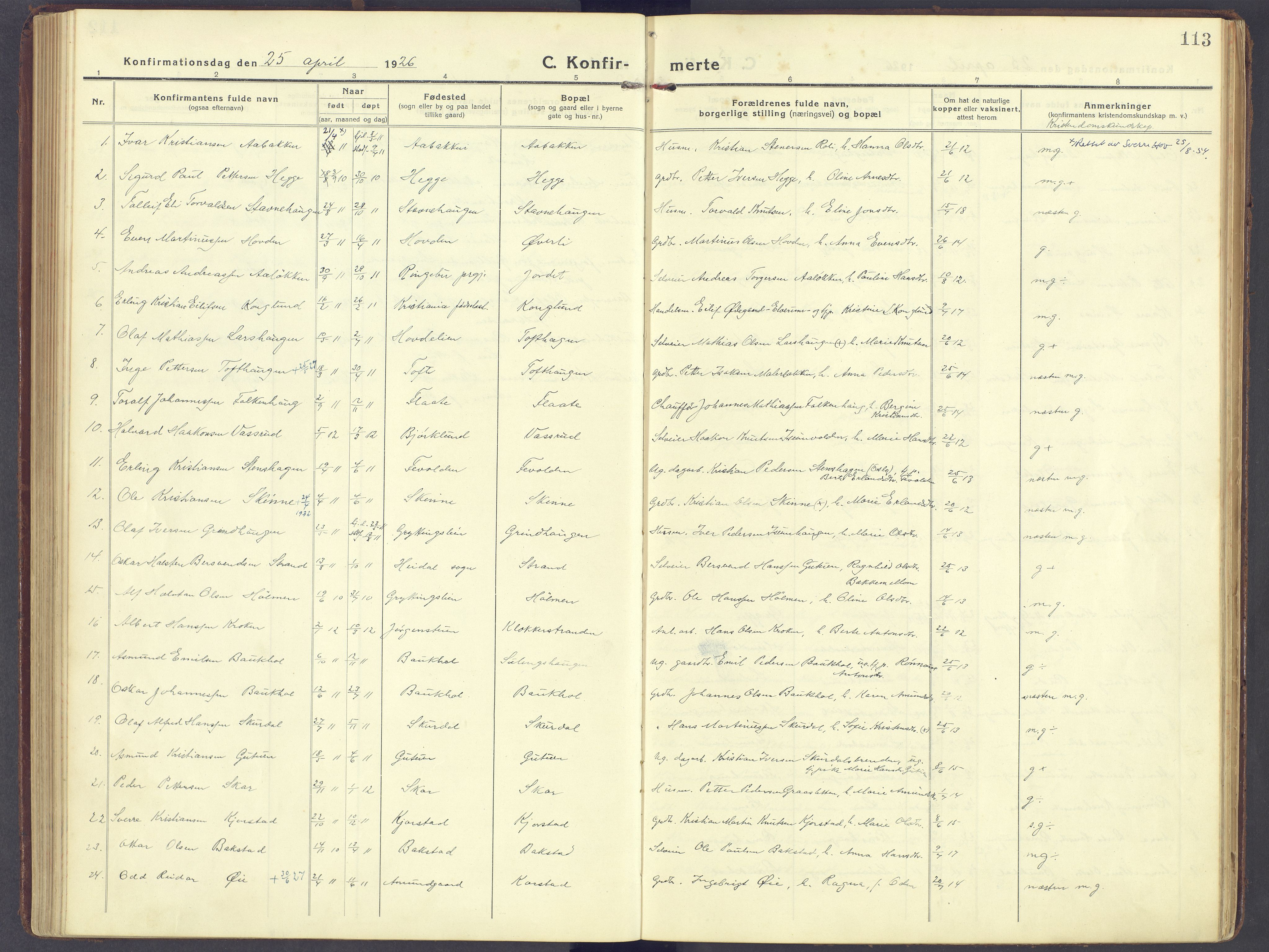 Sør-Fron prestekontor, AV/SAH-PREST-010/H/Ha/Haa/L0005: Ministerialbok nr. 5, 1920-1933, s. 113