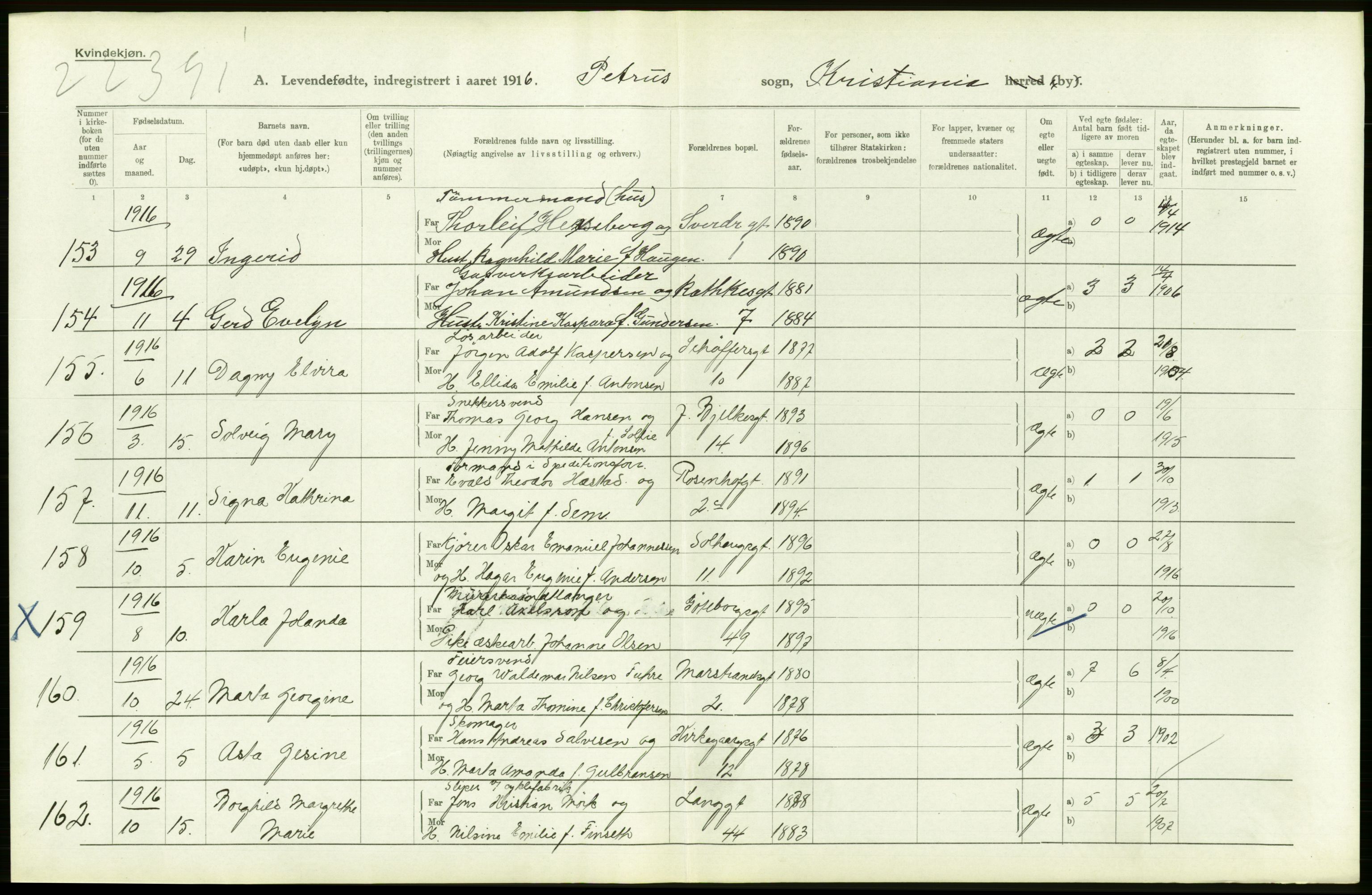 Statistisk sentralbyrå, Sosiodemografiske emner, Befolkning, AV/RA-S-2228/D/Df/Dfb/Dfbf/L0006: Kristiania: Levendefødte menn og kvinner., 1916, s. 632