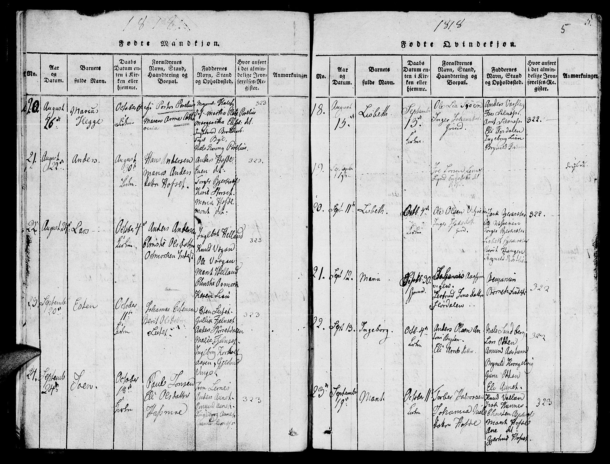 Ministerialprotokoller, klokkerbøker og fødselsregistre - Sør-Trøndelag, SAT/A-1456/630/L0491: Ministerialbok nr. 630A04, 1818-1830, s. 5