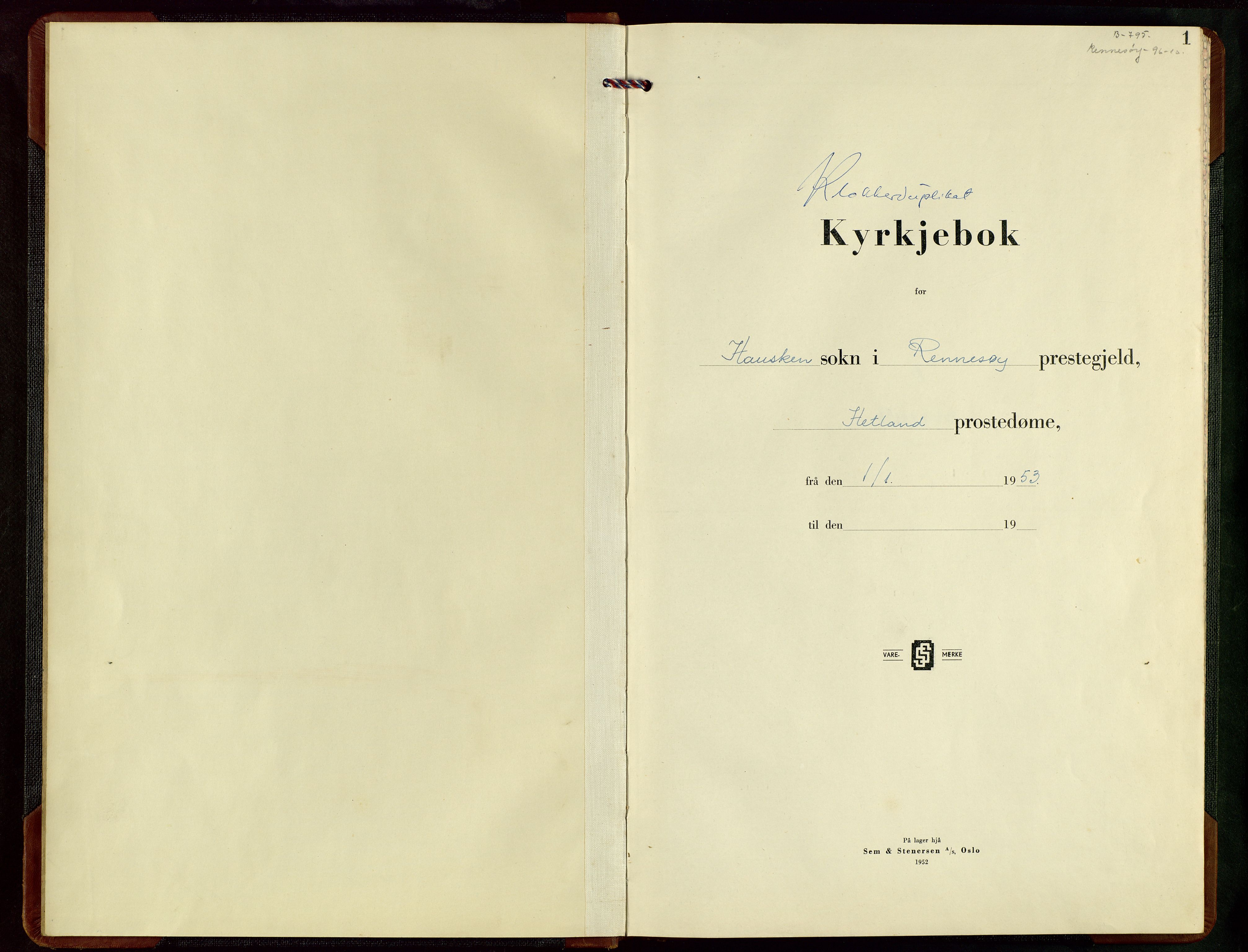 Rennesøy sokneprestkontor, AV/SAST-A -101827/H/Ha/Hab/L0020: Klokkerbok nr. B 19, 1953-1971, s. 1