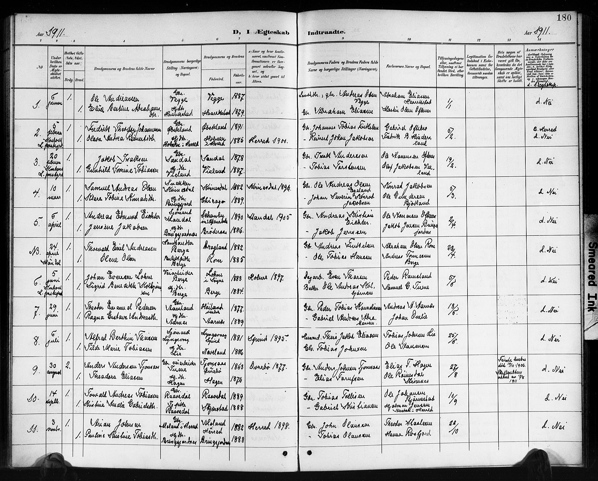 Lyngdal sokneprestkontor, AV/SAK-1111-0029/F/Fb/Fbc/L0005: Klokkerbok nr. B 5, 1897-1913, s. 180
