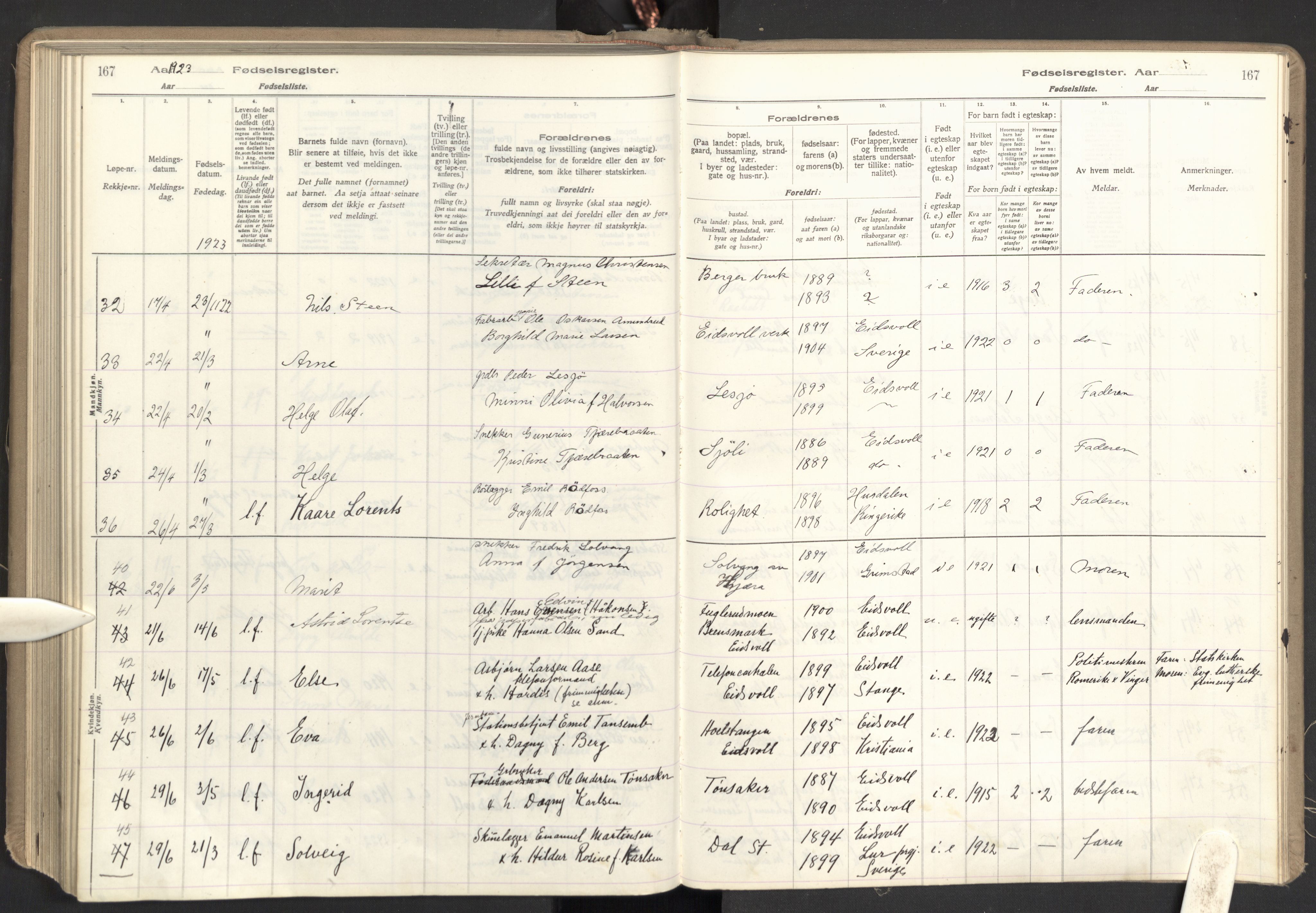 Eidsvoll prestekontor Kirkebøker, AV/SAO-A-10888/J/Ja/L0001: Fødselsregister nr. I 1, 1916-1924, s. 167