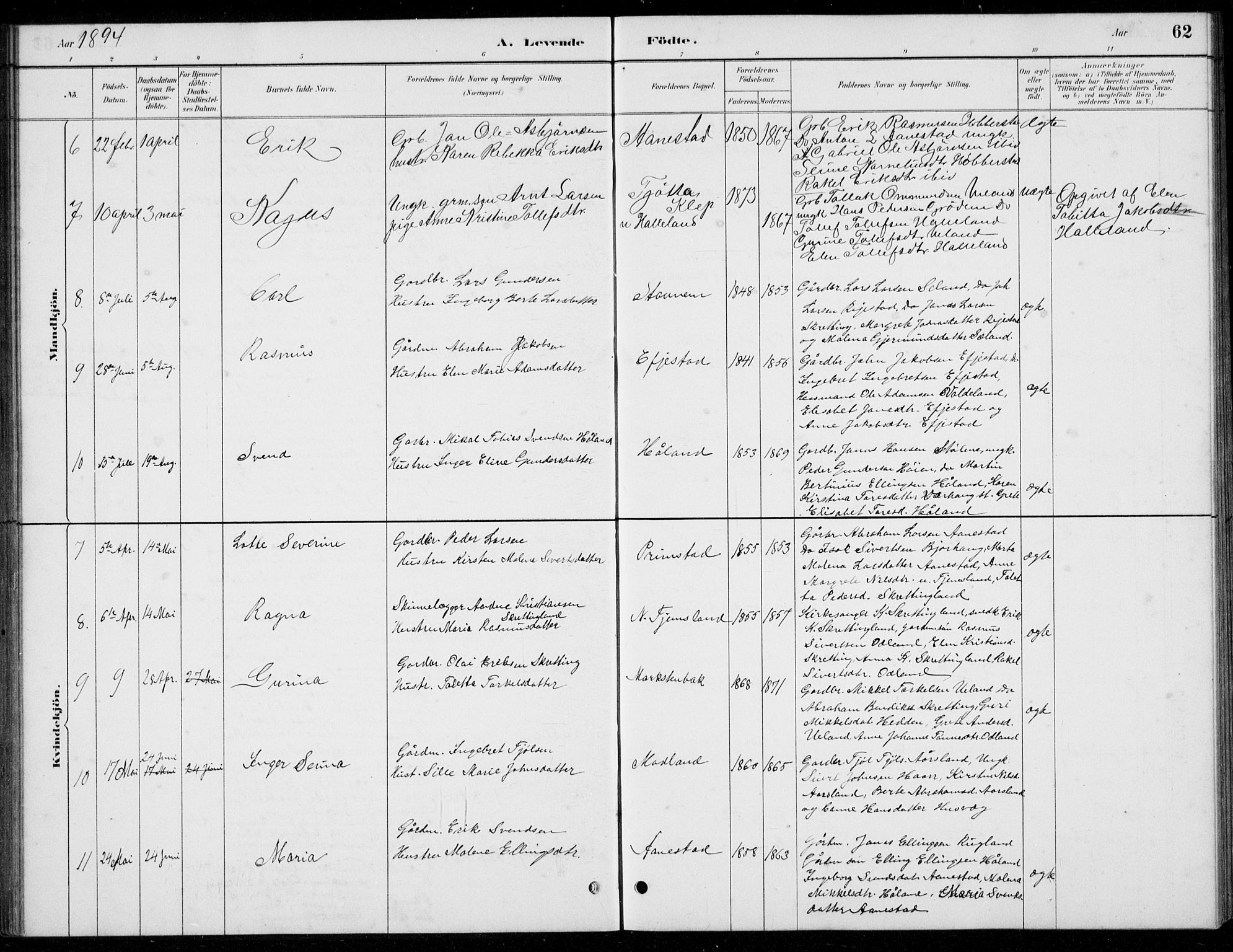 Hå sokneprestkontor, AV/SAST-A-101801/001/30BB/L0004: Klokkerbok nr. B 4, 1883-1899, s. 62