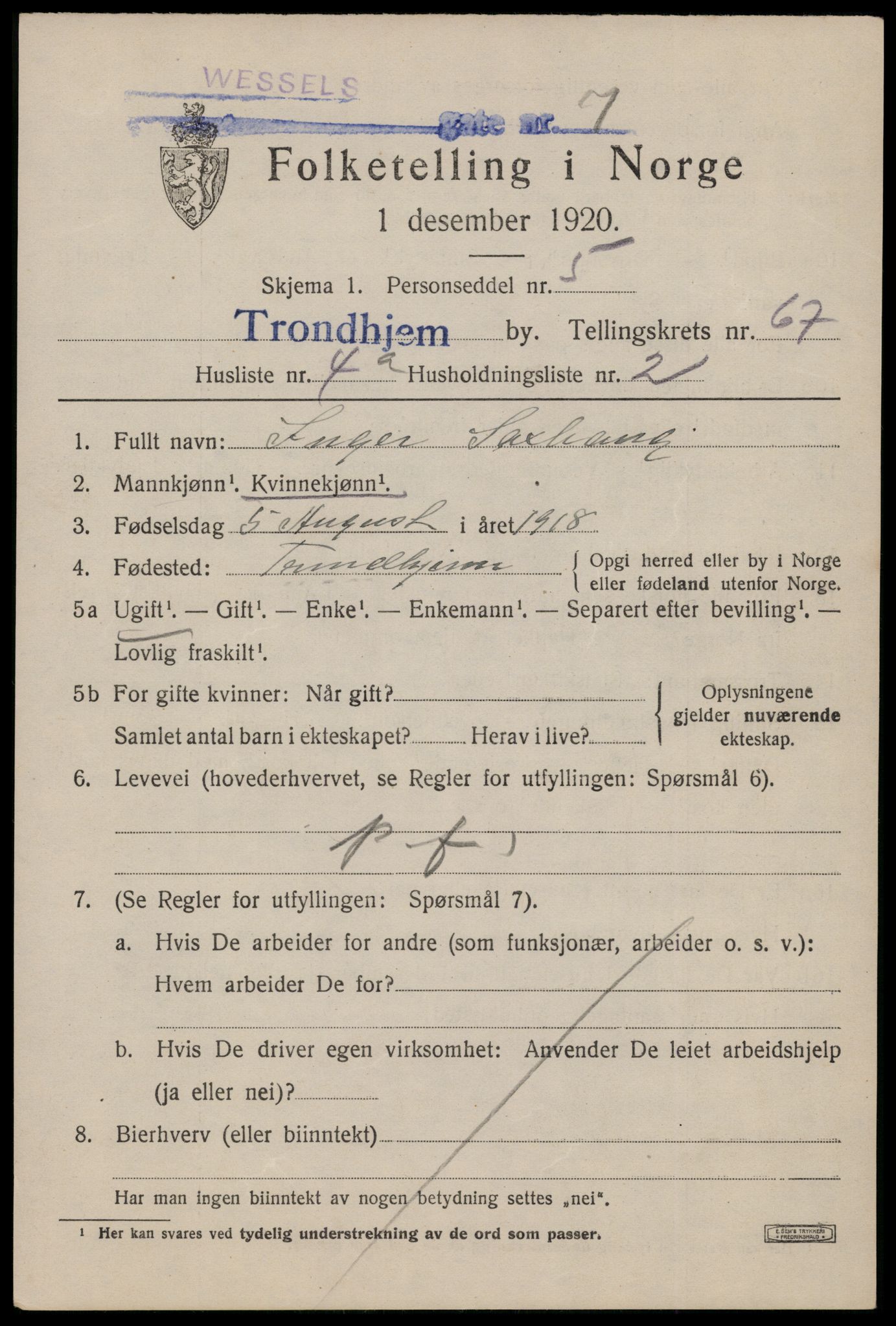 SAT, Folketelling 1920 for 1601 Trondheim kjøpstad, 1920, s. 129338
