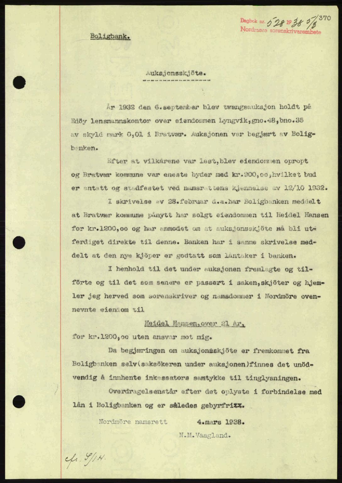 Nordmøre sorenskriveri, SAT/A-4132/1/2/2Ca: Pantebok nr. A83, 1938-1938, Dagboknr: 528/1938