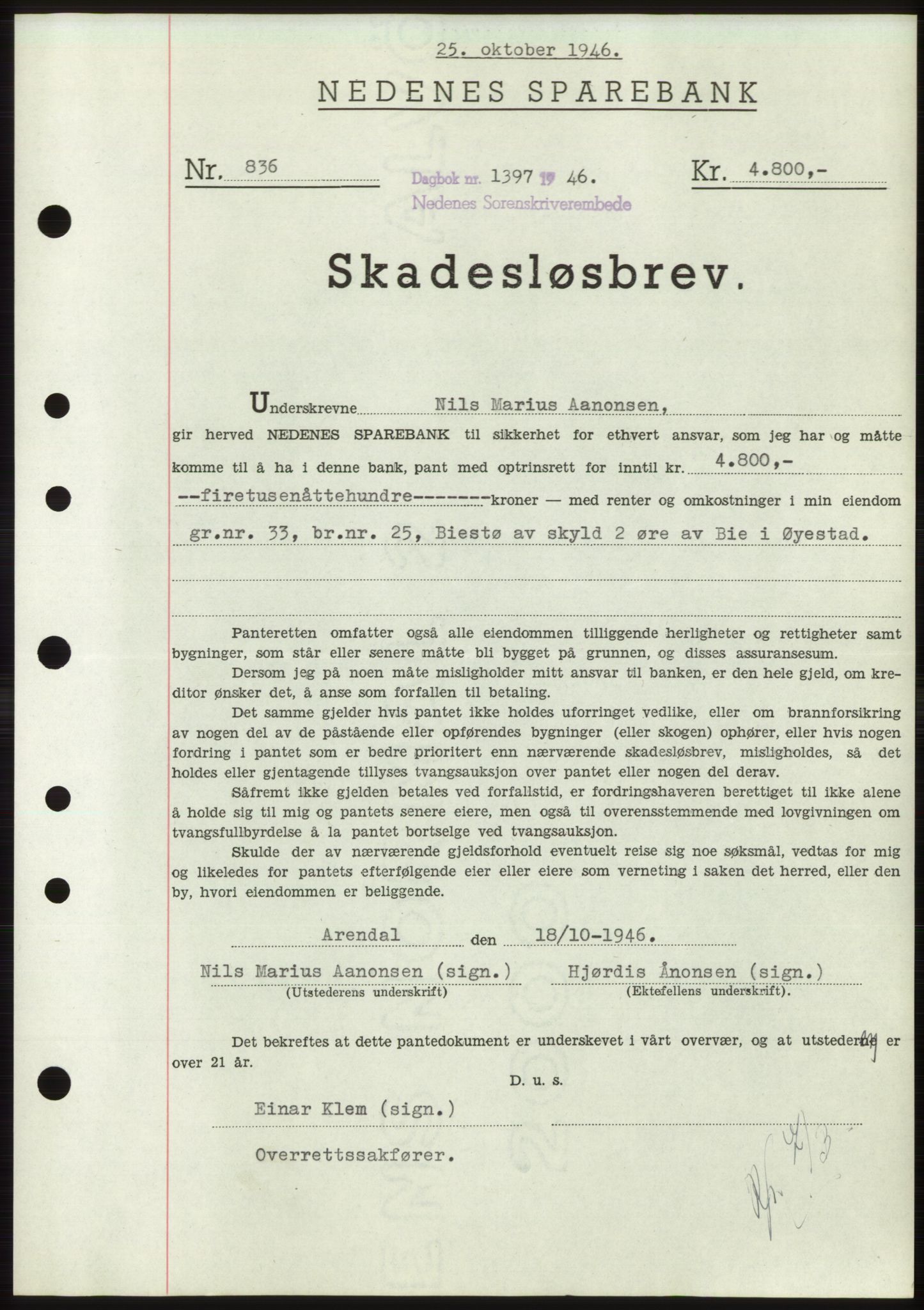 Nedenes sorenskriveri, SAK/1221-0006/G/Gb/Gbb/L0003: Pantebok nr. B3b, 1946-1946, Dagboknr: 1397/1946